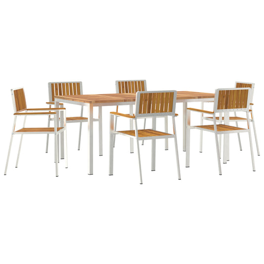 HKH Conjunto de Jantar de Jardim de 7 Peças em Madeira de Acácia com Mesa de Jantar 180x90x75 Cm + 2 Cadeiras Empilháveis + 4 Cadeiras Empilháveis - Castanho