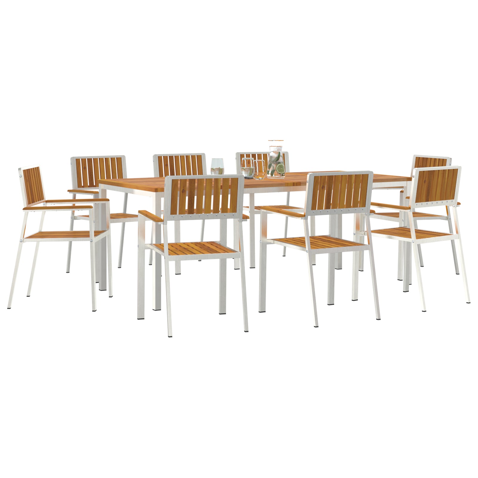 HKH Conjunto de Jantar de Jardim 9 Peças em Madeira Sólida de Acácia, HKH Mesa de Jantar Ao Ar Livre 200x90x74.5 Cm em Madeira Sólida de Acácia, HKH Cadeiras de Jardim Empilháveis 4 Pcs em Madeira Sólida de Acácia e Metal - Castanho