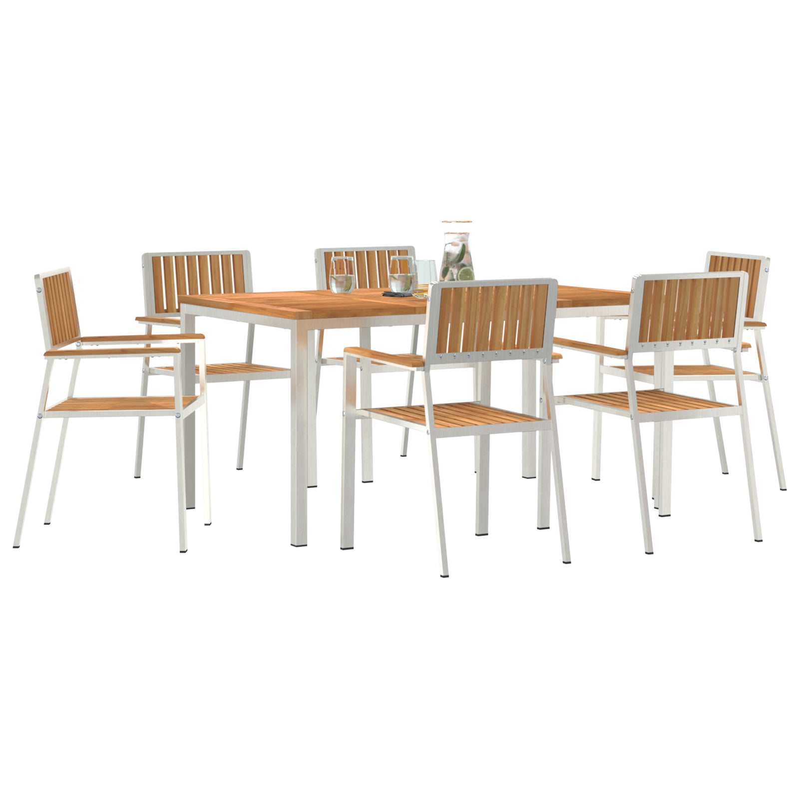 HKH Conjunto de Jantar de Jardim de 7 Peças em Madeira de Teca Maciça com Mesa de Jantar 150x90x75 Cm + 2 Cadeiras Empilháveis + 4 Cadeiras Empilháveis - Castanho