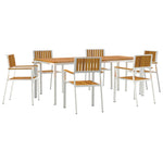 HKH Conjunto de Jantar de Jardim de 7 Peças em Madeira Maciça de Acácia com Mesa de Jantar 200x90x74.5 Cm + 2 Cadeiras Empilháveis  + 4 Cadeiras Empilháveis - Castanho