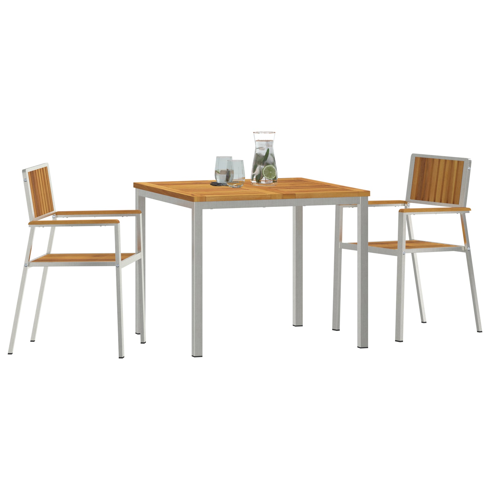 Conjunto de Jantar de Jardim HKH 3 Peças de Madeira Acácia Sólida, Mesa de Jantar Externa HKH 90x90x74.5 Cm Madeira Acácia Sólida, Cadeiras de Jardim Empilháveis HKH 2 Pcs Madeira Acácia Sólida e Metal - Castanho