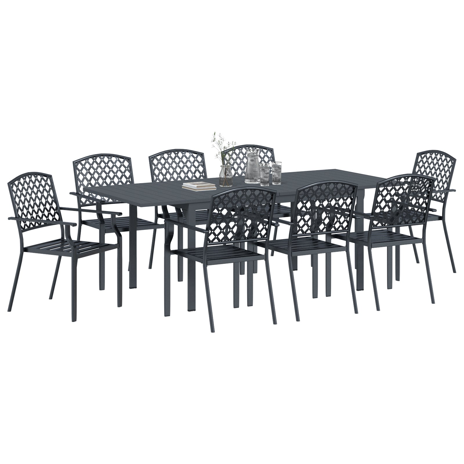 Conjunto de Mobiliário de Corredor HKH 9 Peças Aço Antracite, Mesa de Jardim Extensível HKH Antracite (140-210)x90x73 Cm Aço, Cadeiras de Jardim 4 Pcs Empilháveis Antracite Aço - Cinzento