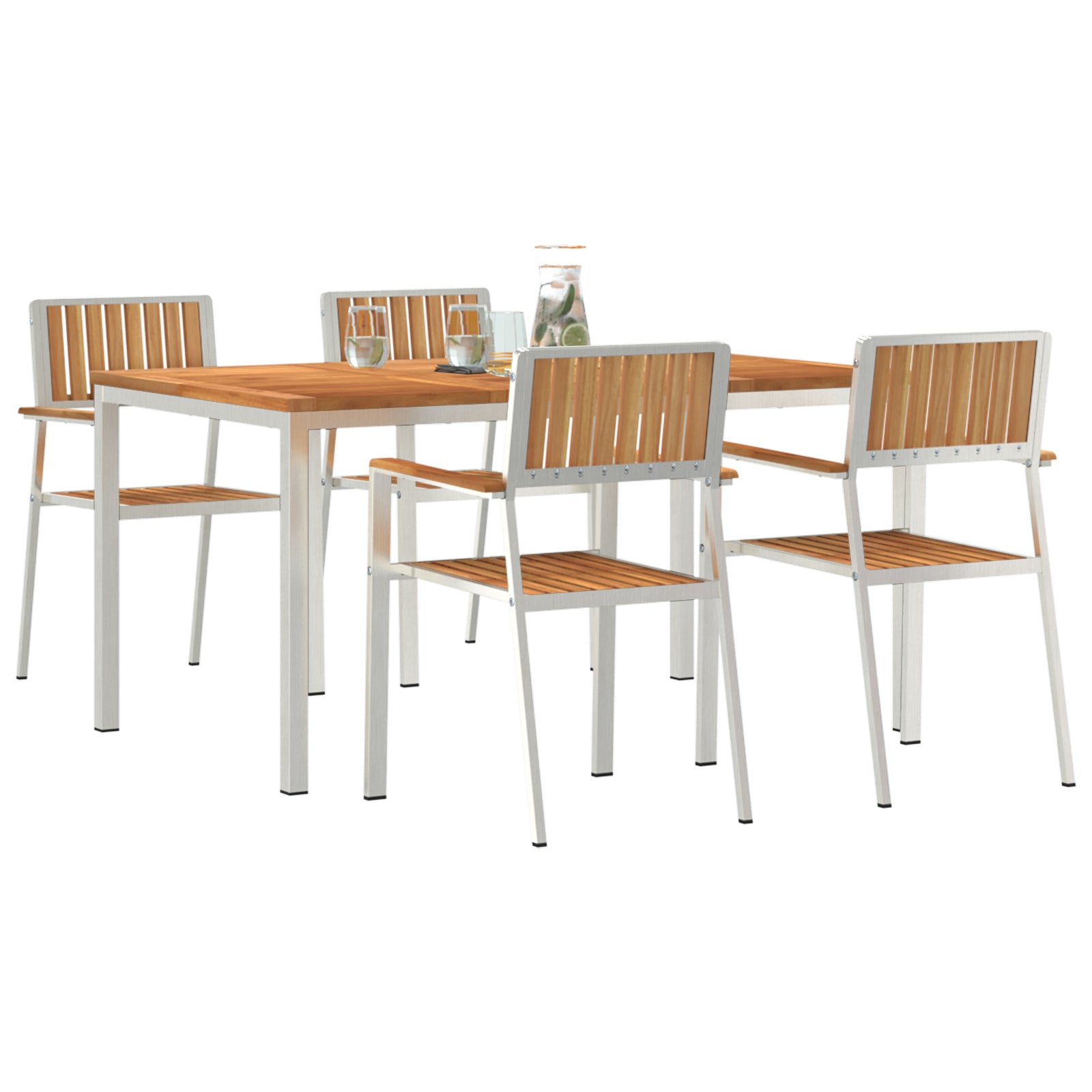 Conjunto de Jantar de Jardim HKH de 5 Peças em Madeira Sólida de Teca, Mesa de Jantar Externa HKH 150x90x75 Cm em Madeira Sólida de Teca, Cadeiras de Jardim Empilháveis HKH 4 Pcs em Madeira Sólida de Teca e Metal - Bege