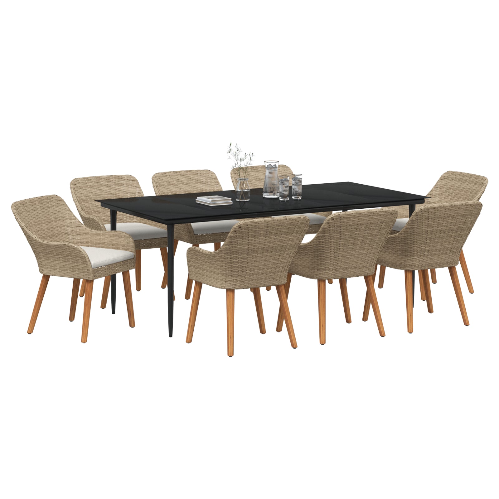 HKH Conjunto de Jantar de Jardim de 9 Peças Rattan Poliéster - Bege