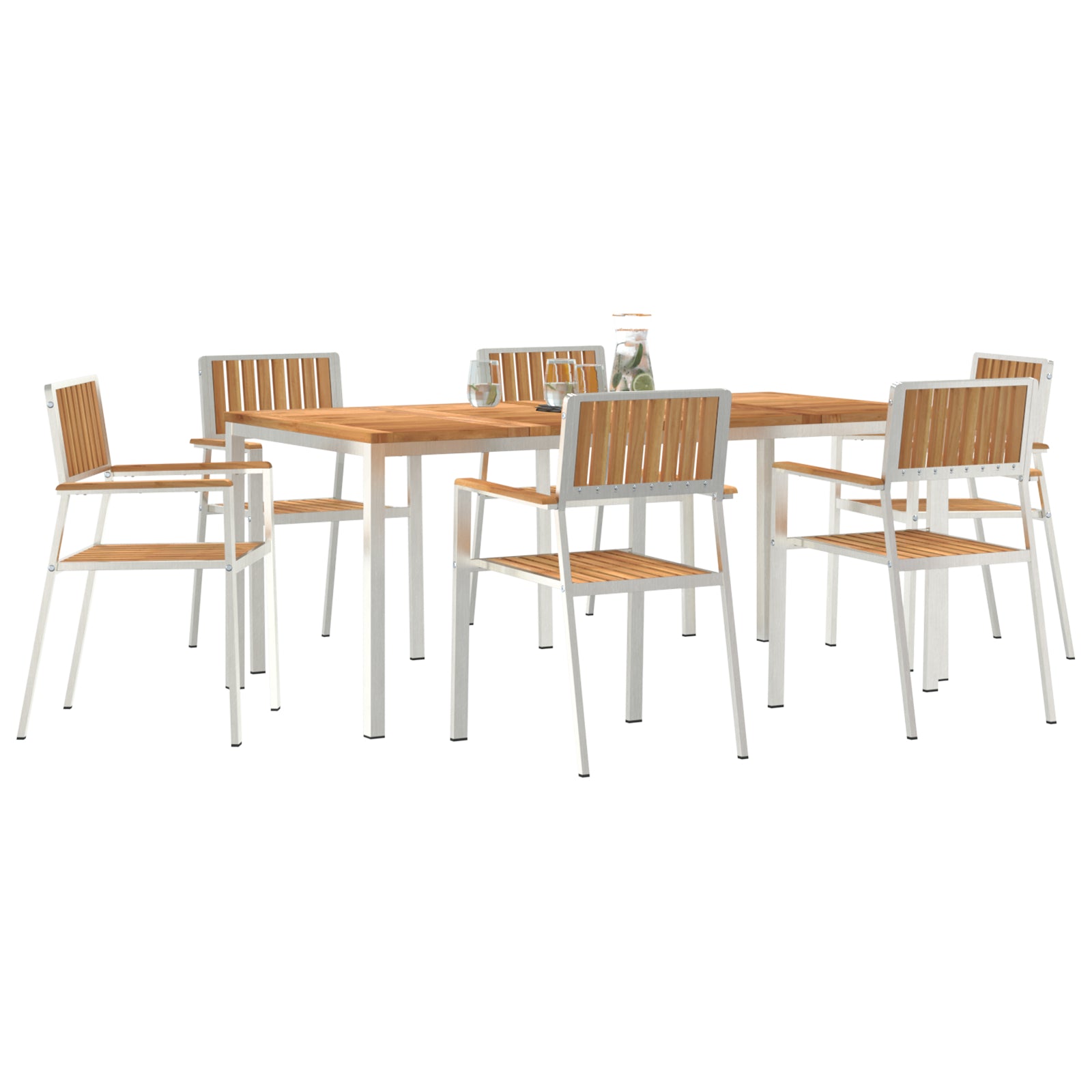 HKH Conjunto de Jantar de Jardim de 7 Peças em Madeira Sólida de Teca com Mesa de Jantar 180x90x75 Cm + 2 Cadeiras Empilháveis + 4 Cadeiras Empilháveis - Bege