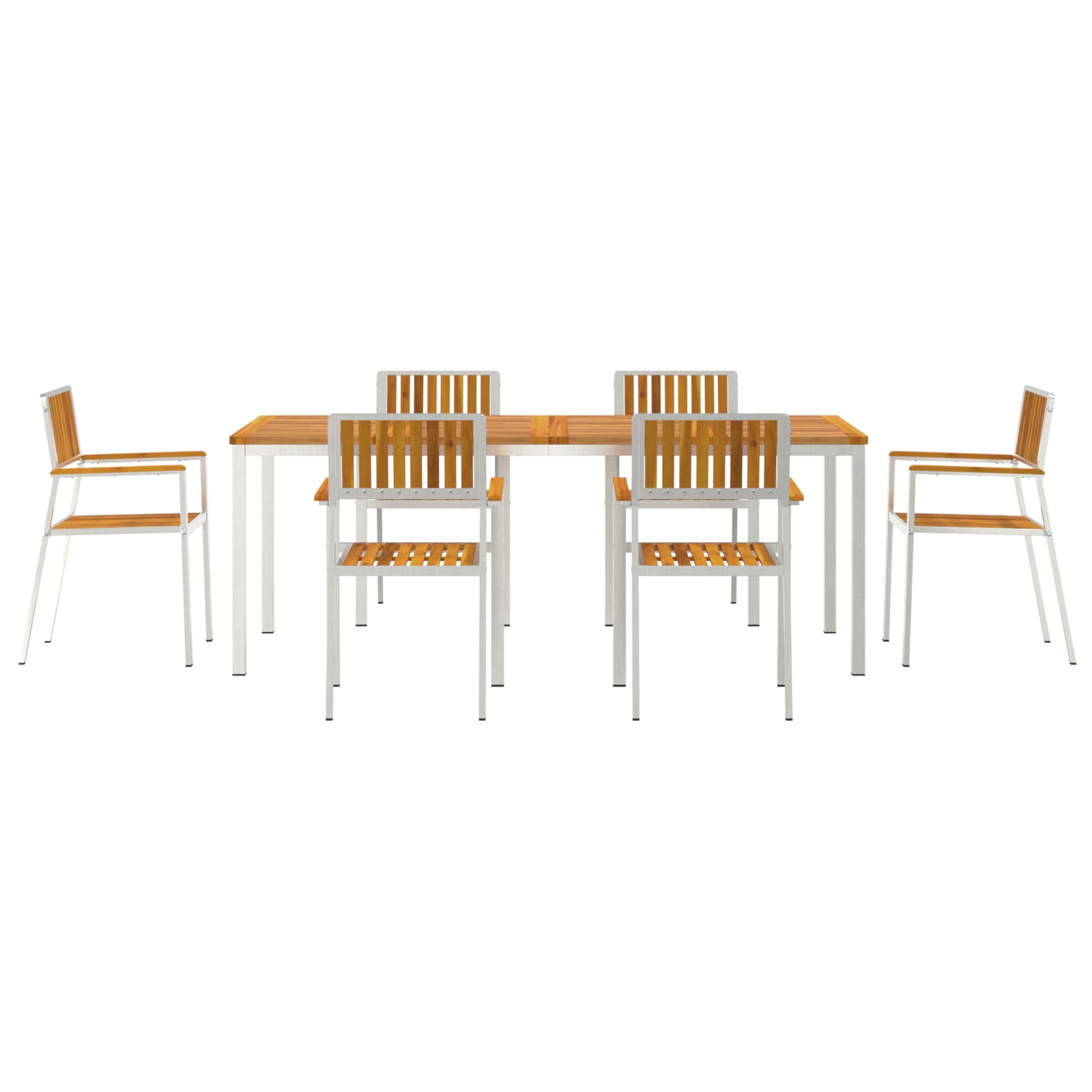 HKH Conjunto de Jantar de Jardim de 7 Peças em Madeira Maciça de Acácia com Mesa de Jantar 200x90x74.5 Cm + 2 Cadeiras Empilháveis  + 4 Cadeiras Empilháveis - Castanho