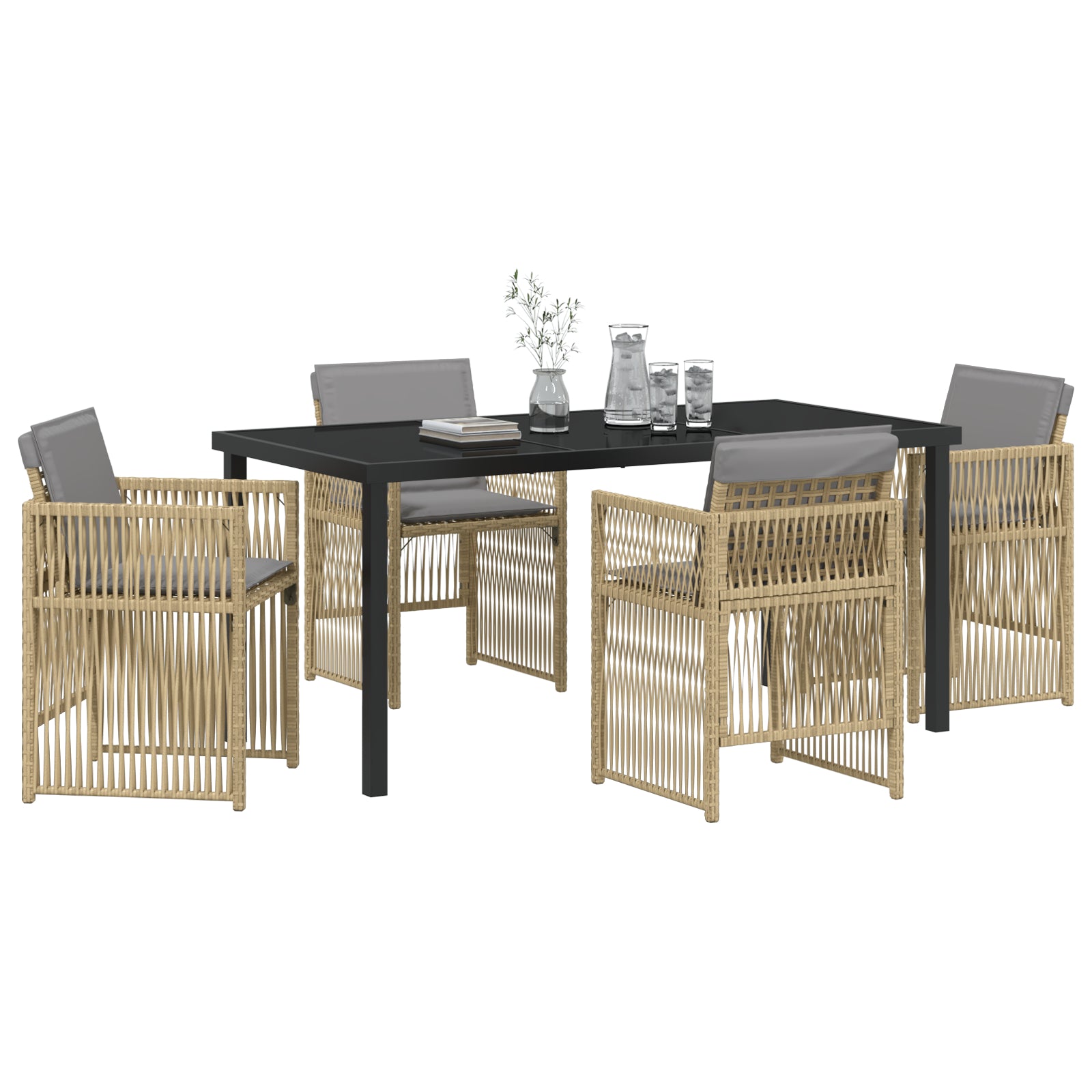 HKH Conjunto de Jantar de Jardim de 5 Peças com Almofadas em Vime , Mesa de Jardim HKH Preta 160x80x73 Cm Vidro Temperado - Bege