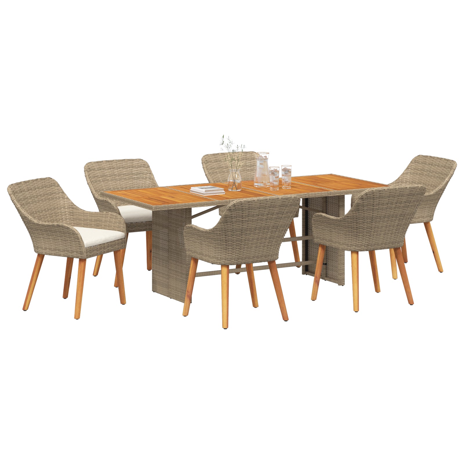 HKH Conjunto de Jantar de Jardim 7 Peças Rattan Poliéster - Bege