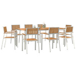 Conjunto de Jantar de Jardim HKH de 9 Peças de Madeira Maciça de Teca, Mesa de Jantar Externa HKH 200x90x74,5 Cm de Madeira Maciça de Teca, Cadeiras de Jardim Empilháveis HKH 4 Pcs de Madeira Maciça de Teca e Metal - Branco