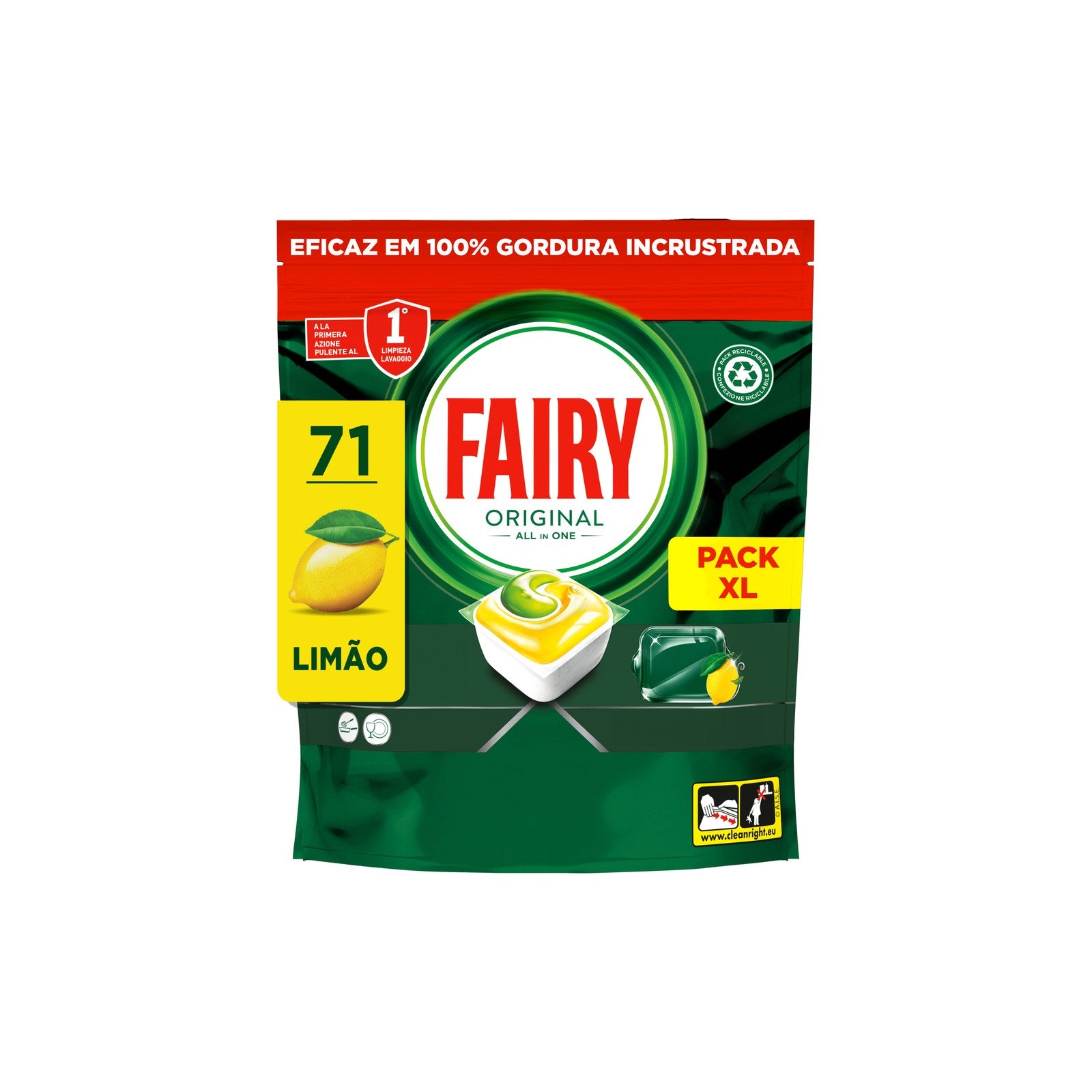 Fairy Original Tudo em 1 Limão Pastilhas Máquina Loiça, 71 unidades