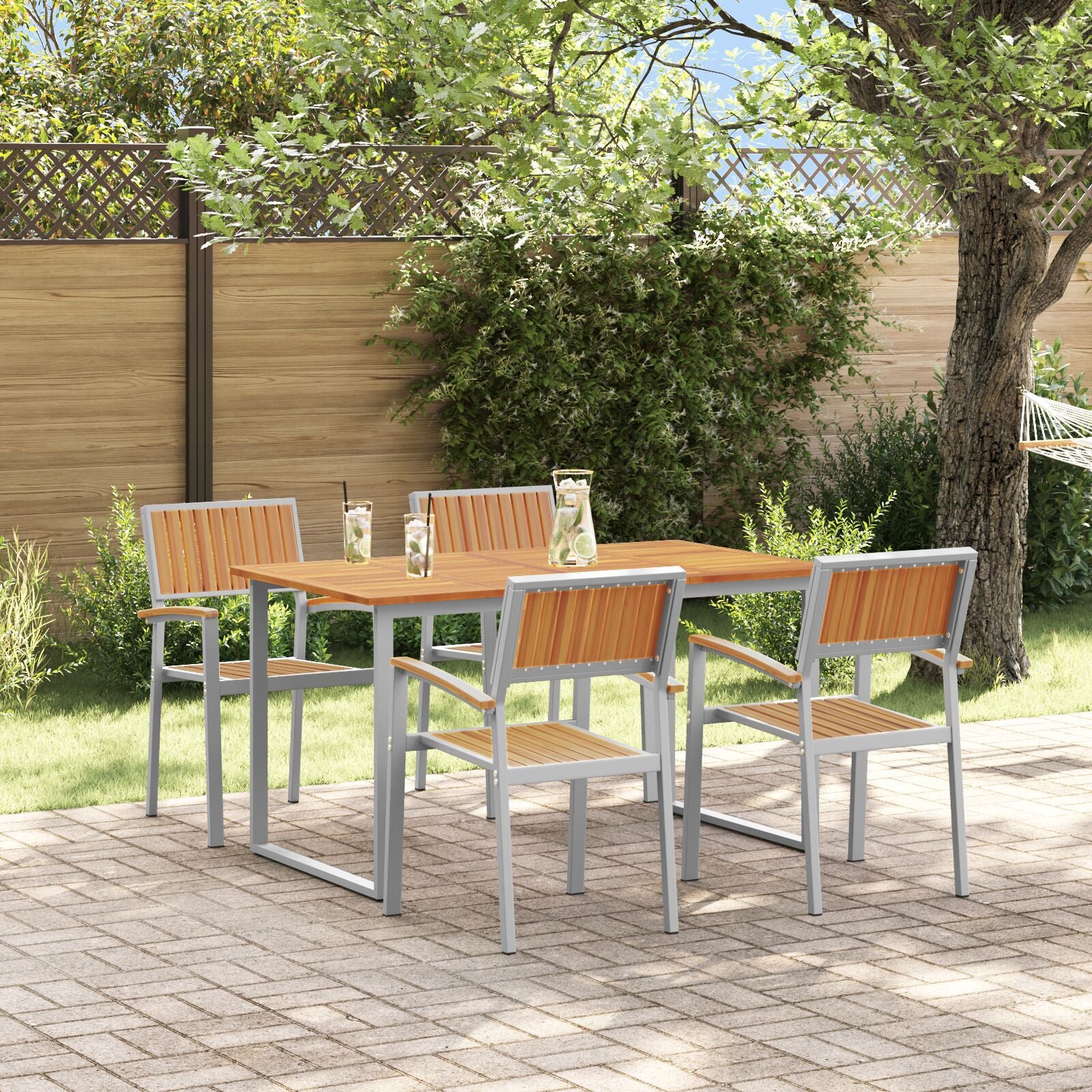 HKH Juego de Comedor de Jardín de 5 Piezas de Acero Gris y Madera Maciza de Acacia - Gris