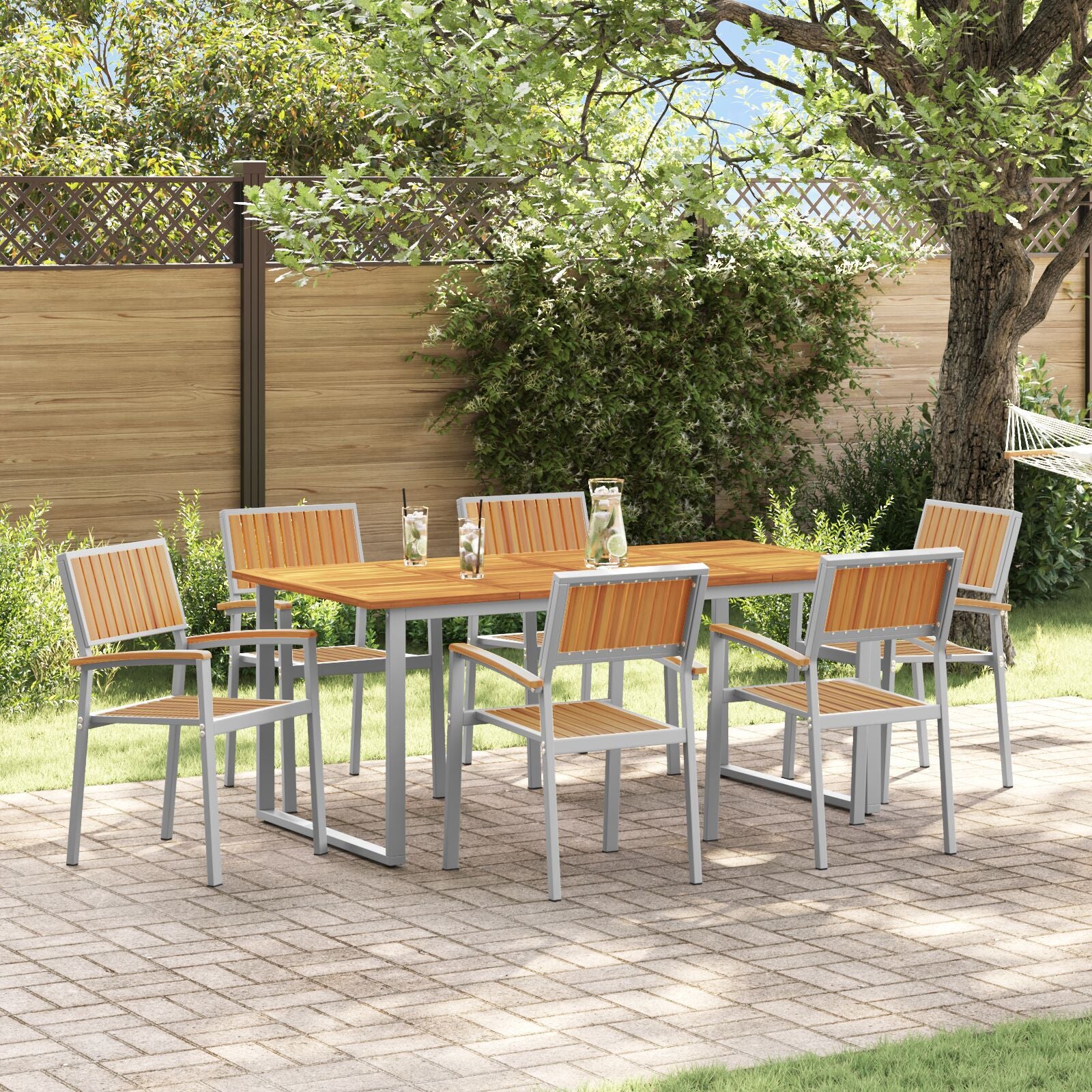HKH Conjunto de Comedor de Jardín de 7 Piezas Gris de Acero y Madera Maciza de Acacia - Gris
