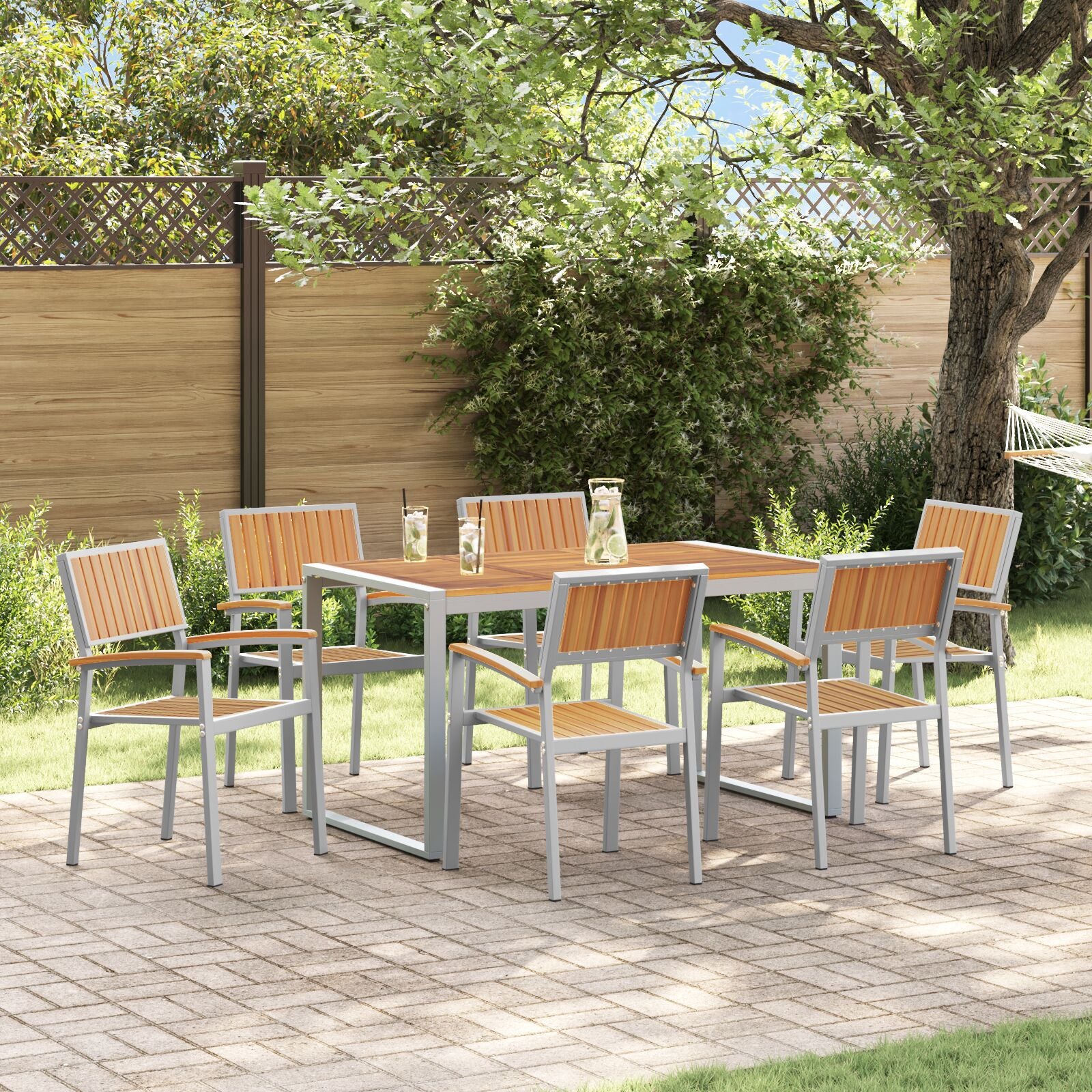 HKH Juego de Comedor de Jardín de 7 Piezas de Madera Maciza de Acacia y Metal - Gris