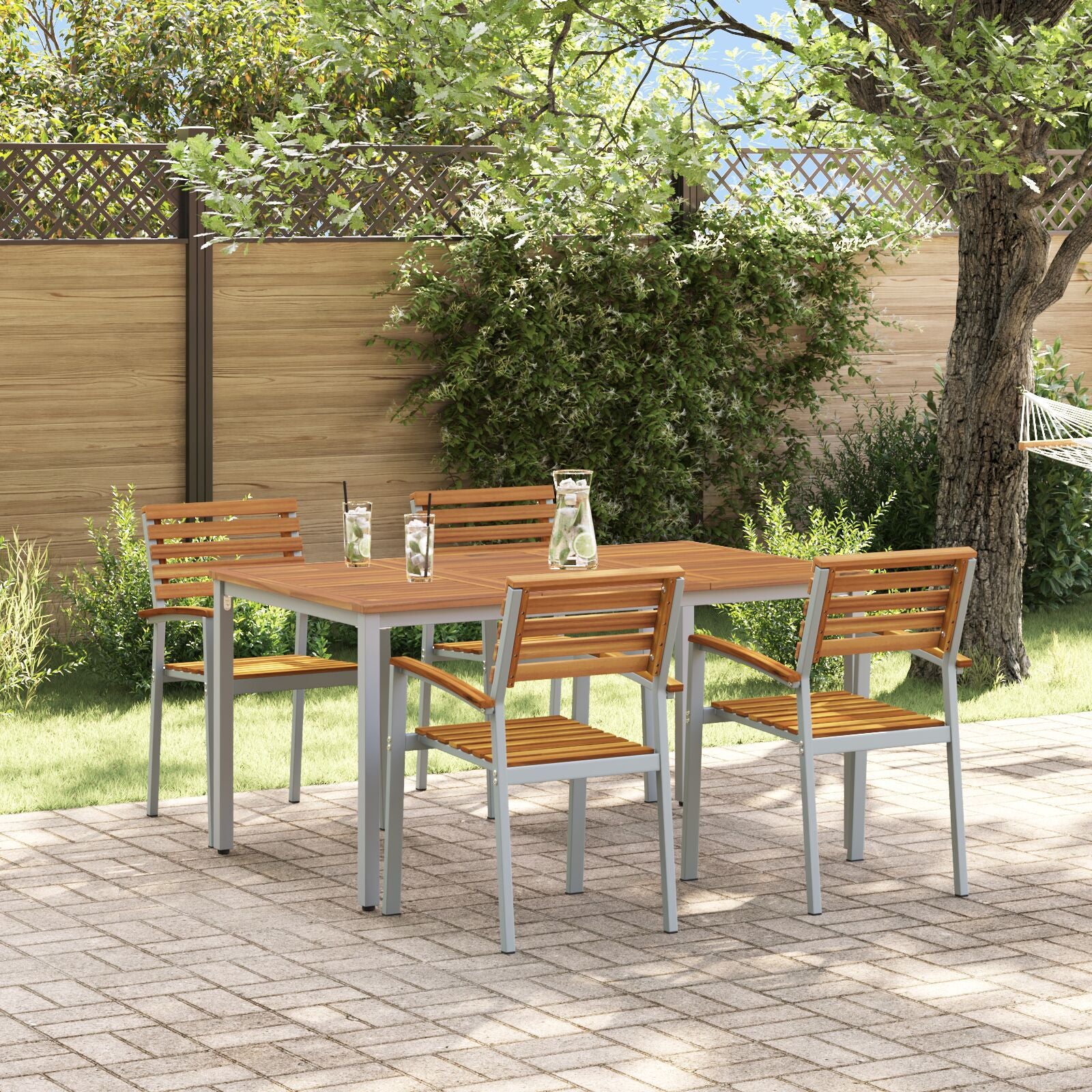 HKH Conjunto de Comedor de Jardín de 5 Piezas de Madera Maciza de Acacia y Metal - Gris