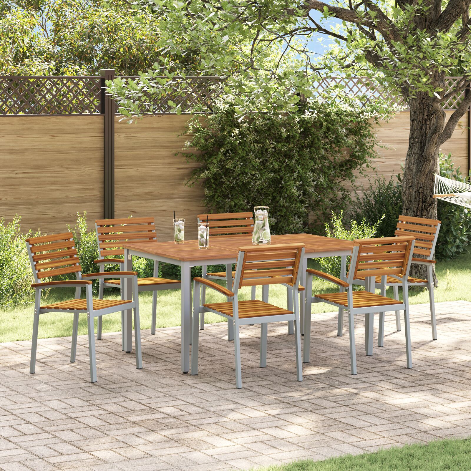 HKH Conjunto de Comedor de 7 Piezas en Madera de Acacia y Metal - Gris