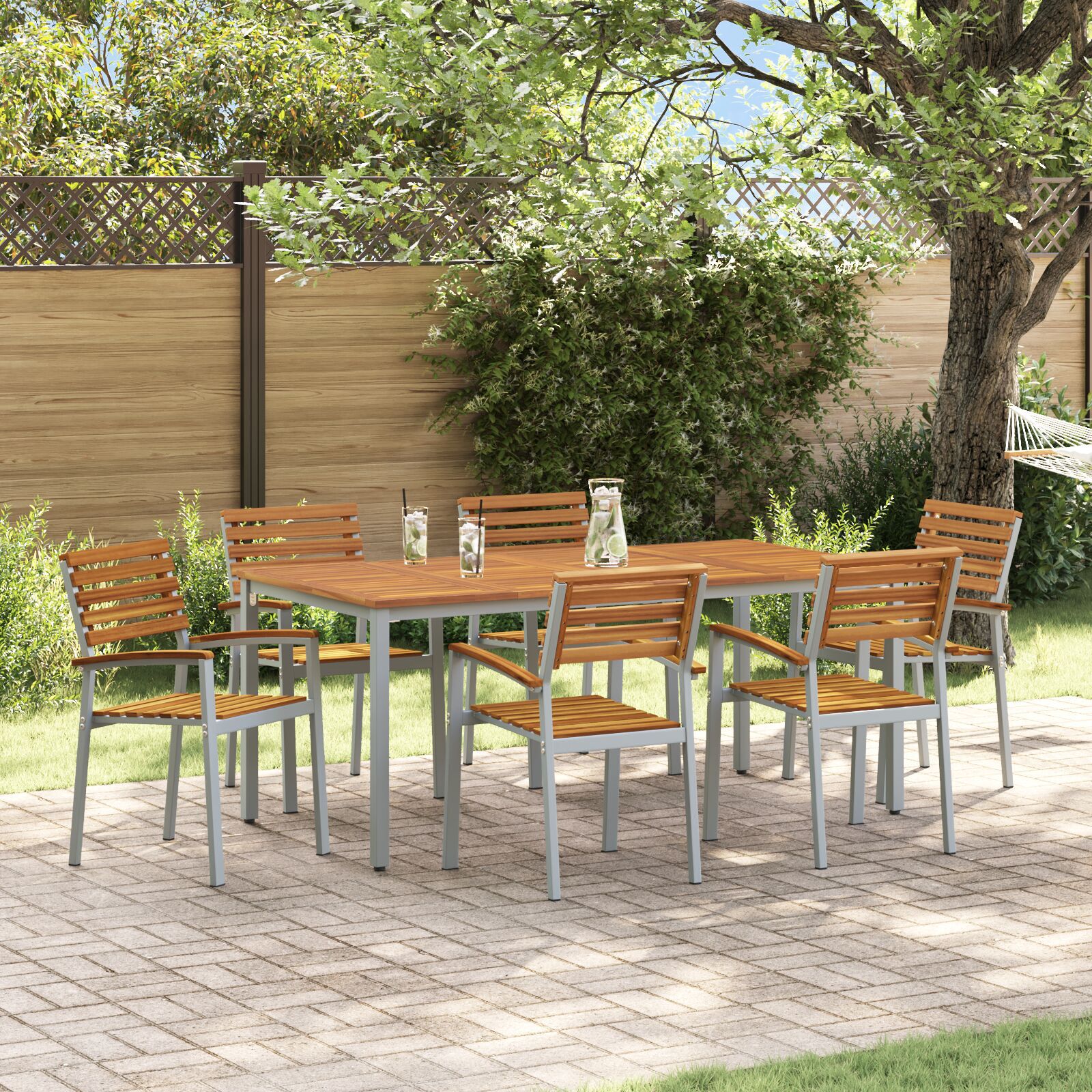 HKH Juego de Comedor de Jardín de 7 Piezas de Madera Maciza de Acacia y Metal - Gris