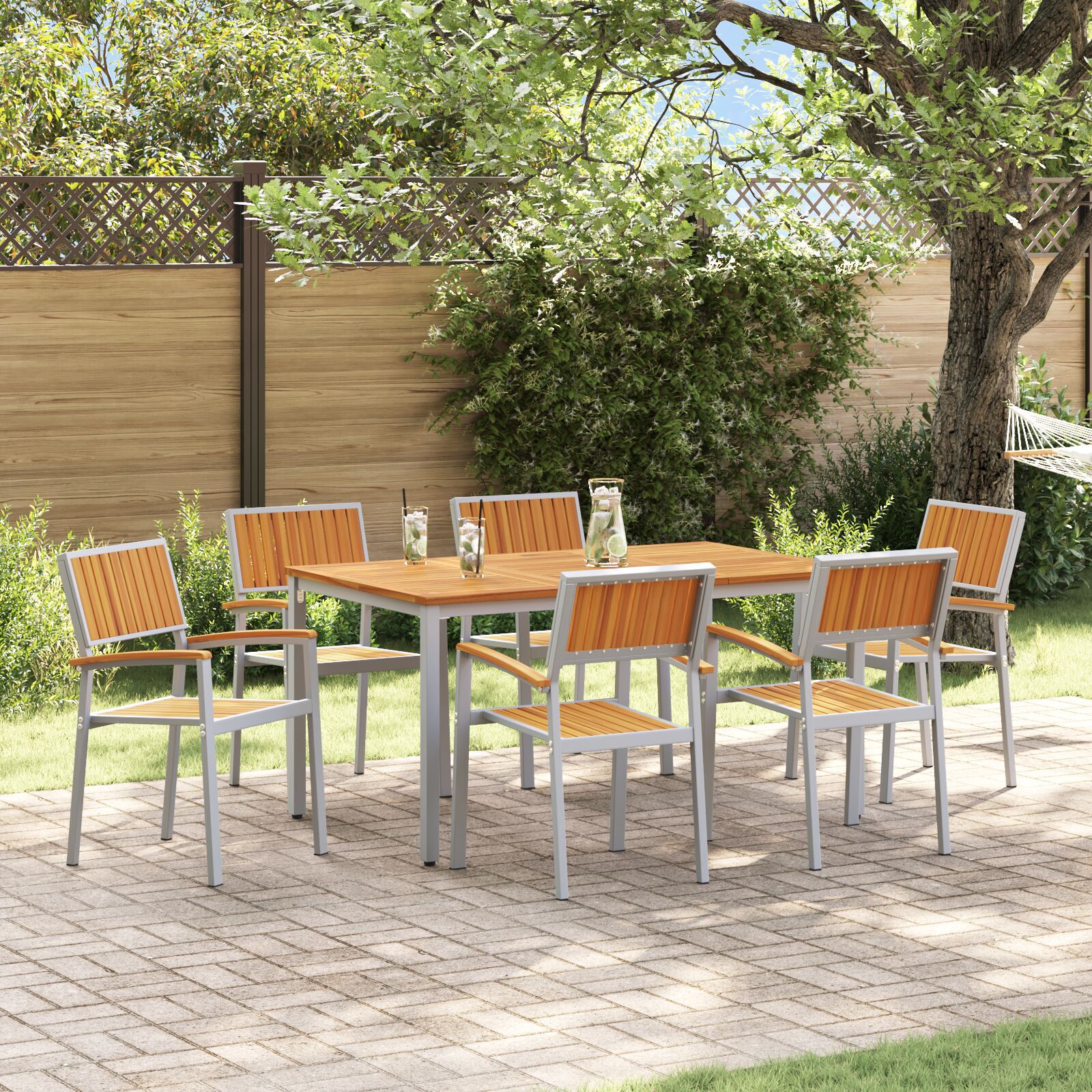 HKH Conjunto de Comedor de Jardín de 7 Piezas de Madera Sólida de Acacia y Metal - Gris