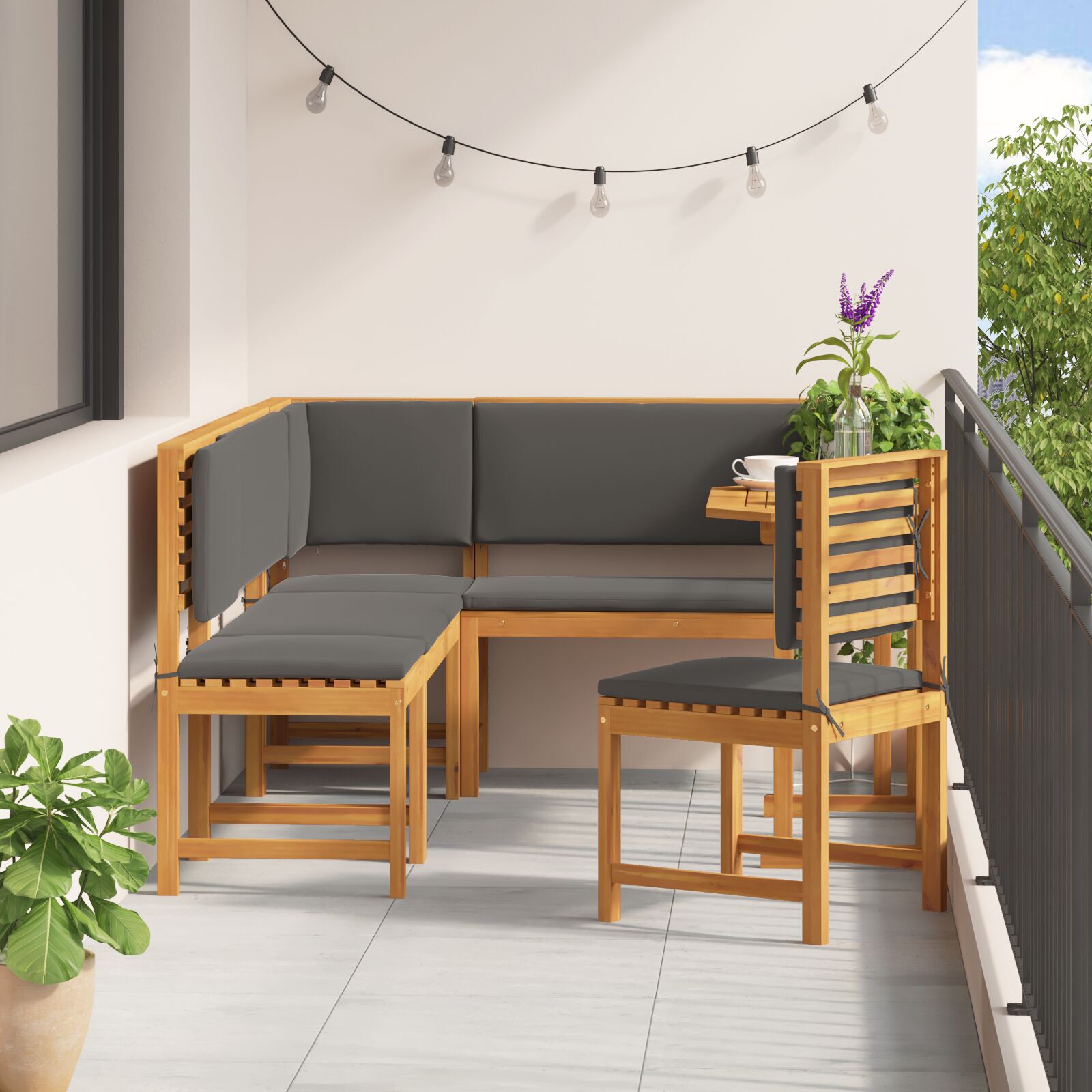 Juego de Comedor para Jardín de 6 Piezas con Cojines de Madera Maciza de Acacia - Marrón