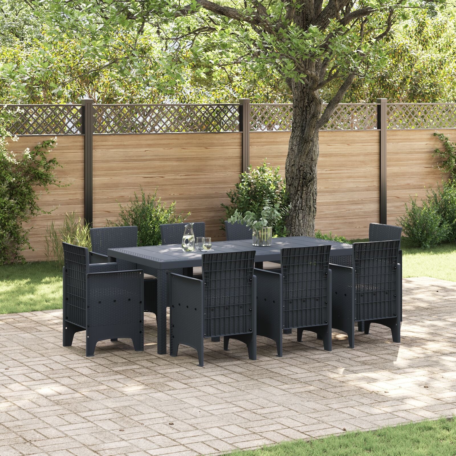 HKH Conjunto de Jantar de Jardim de 9 Peças com Almofadas Antracite Vime Plástico - Carvão