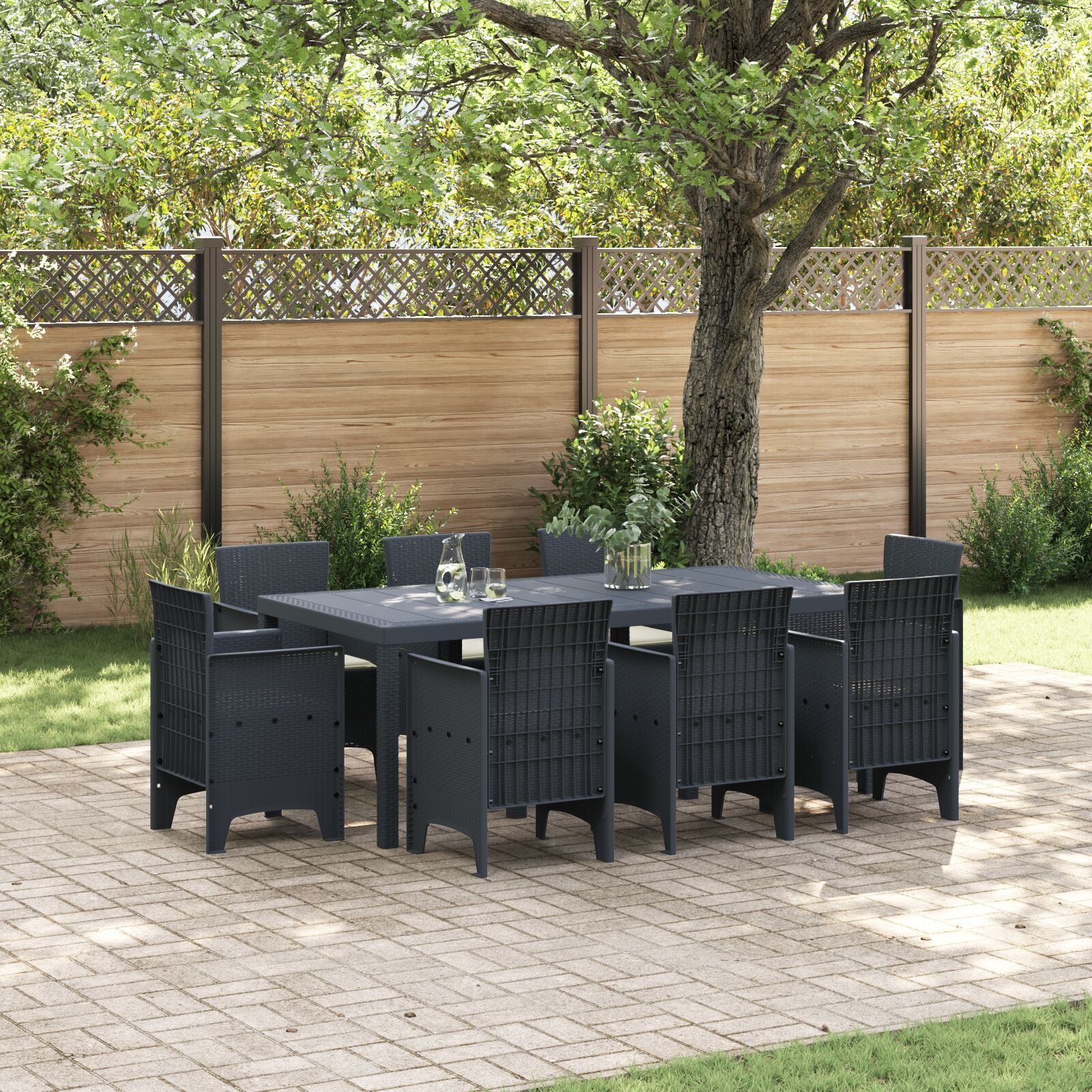 HKH Conjunto de Jantar para Jardim de 9 Peças com Almofadas Rattan Poliéster - Antracite