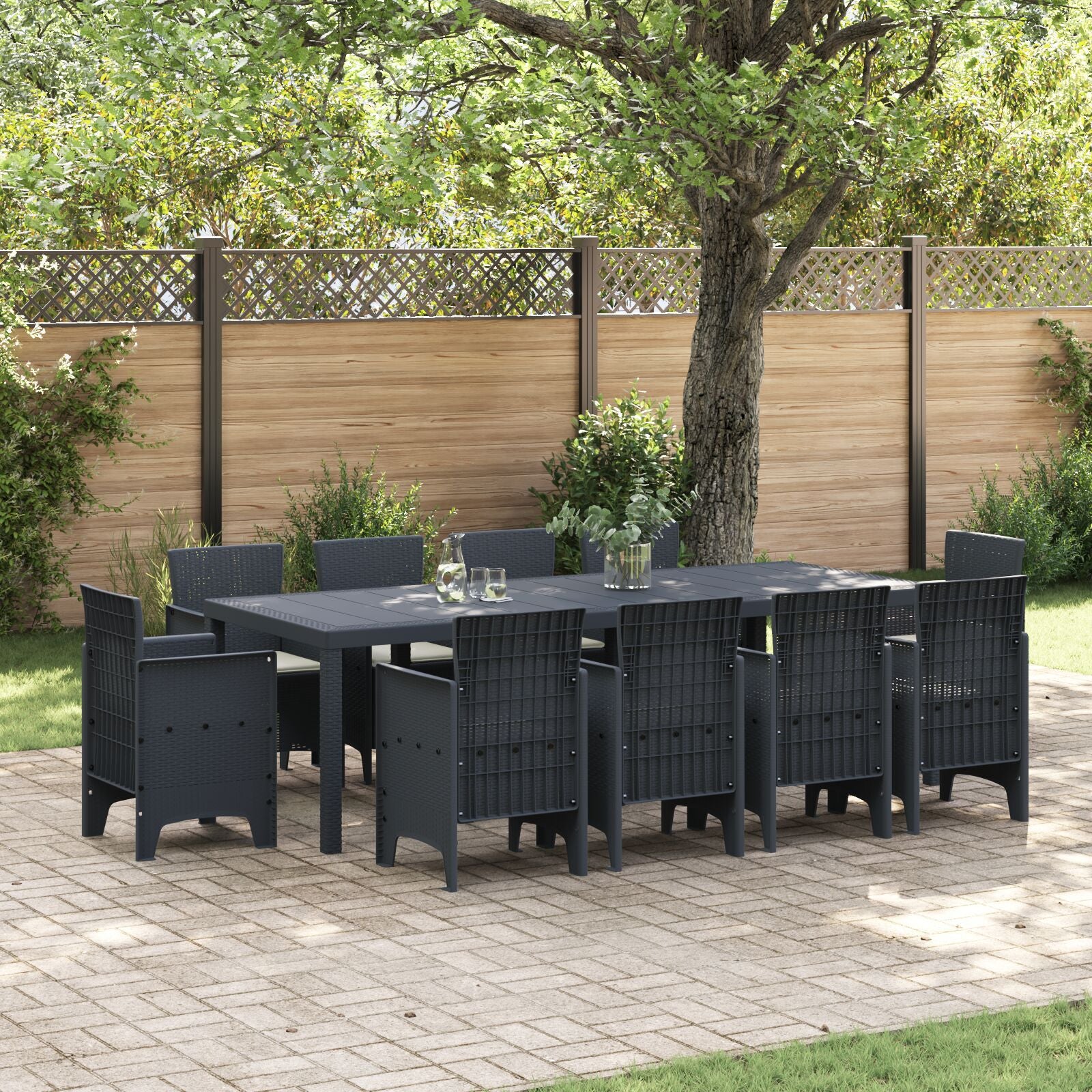 HKH Conjunto de Jantar de Jardim com 11 Peças e Almofadas Antracite Polirattan - Preto