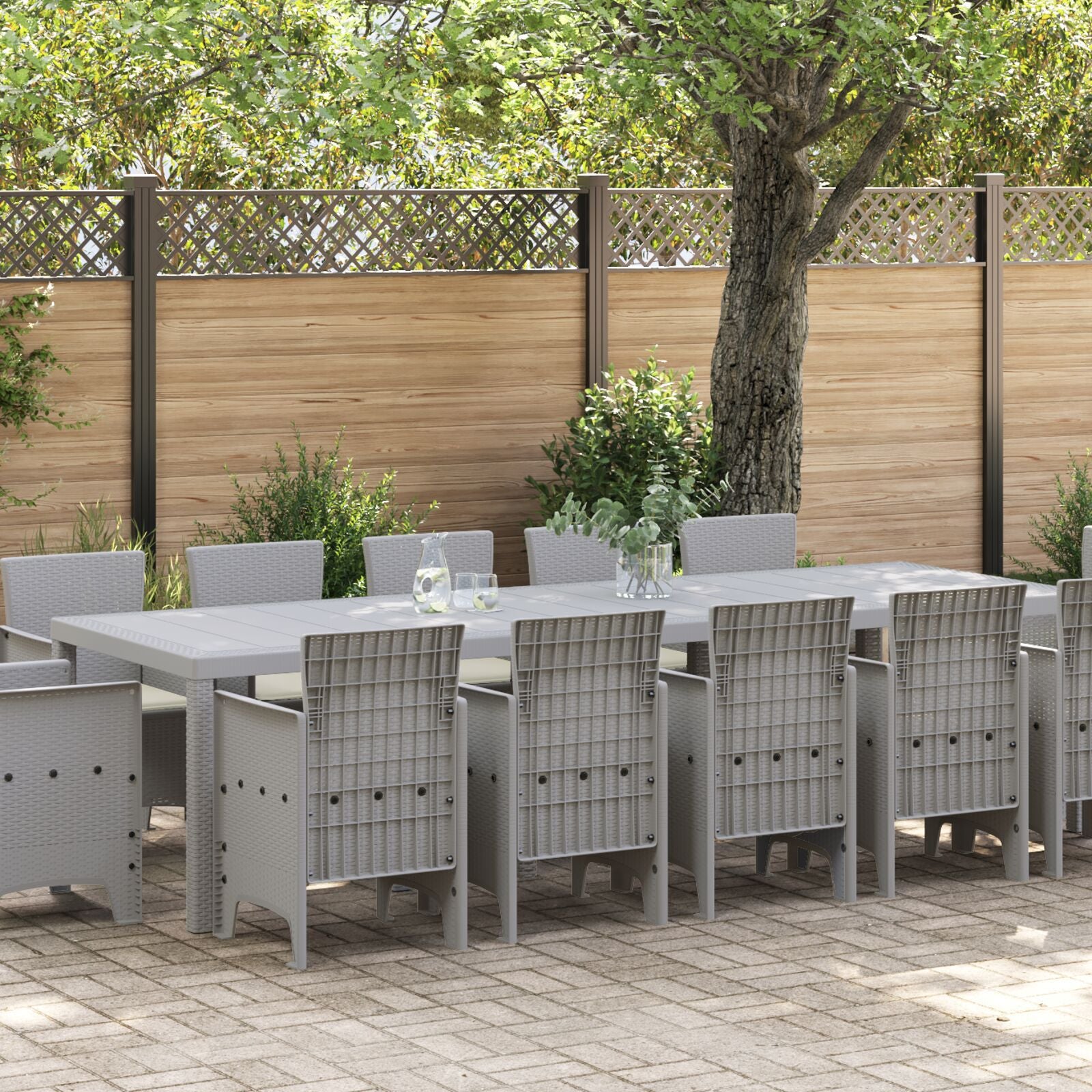 Conjunto de Jantar HKH de 13 Peças com Almofadas Cinza Claro Rattan Poli, Mesa de Jardim HKH Cinza Claro 150x100x73 Cm Rattan Poli, Cadeiras de Jardim HKH com Almofadas 4 Pcs Cinza Claro Rattan Poli - Cinzento-claro