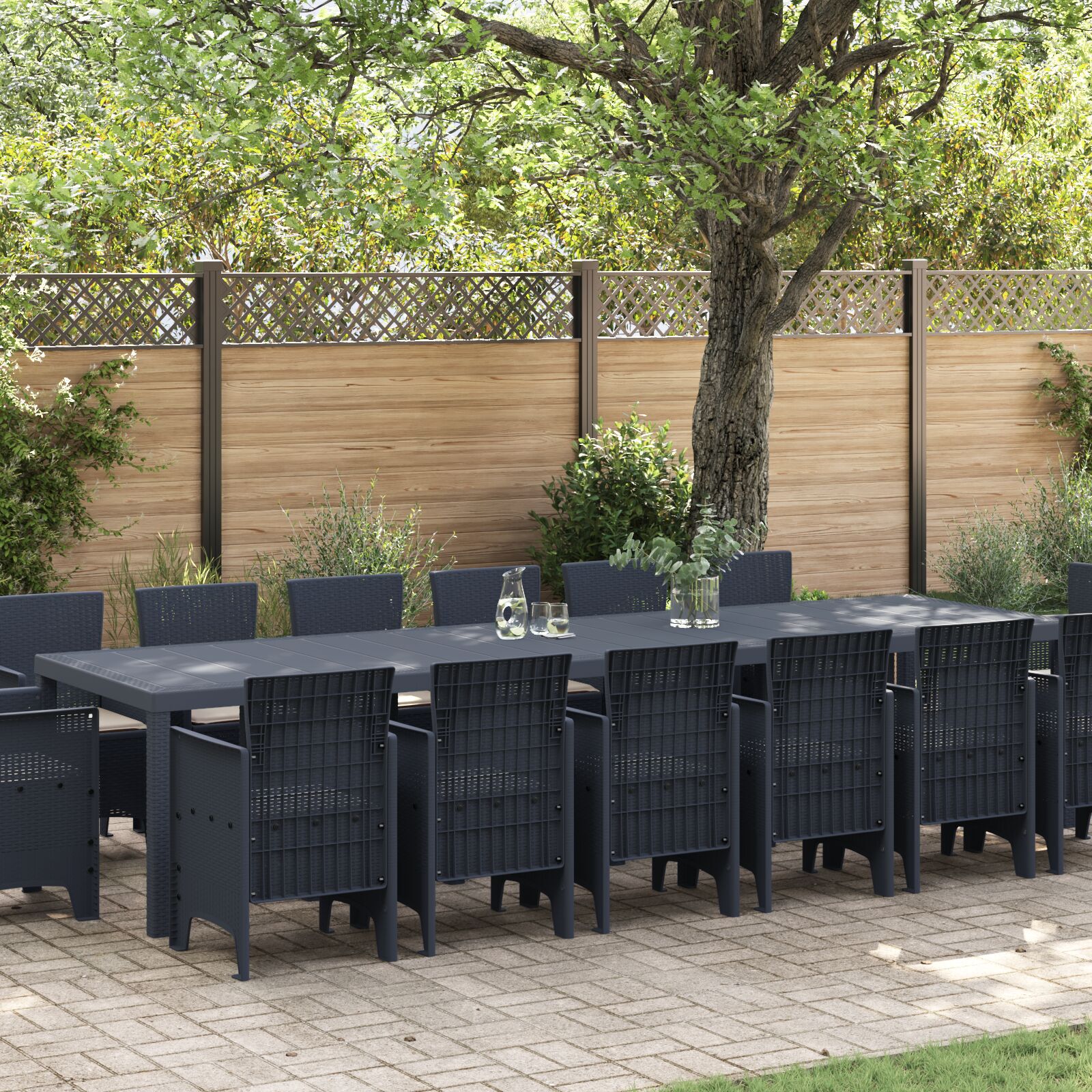 Conjunto de Jantar para Jardim 13 Peças com Almofadas Vime Poliéster, Mesa de Jardim 200x100x73 Cm Vime Poliéster, Mesa de Jardim 150x100x73 Cm Vime Poliéster, Cadeiras de Jardim com Almofadas 4 Pcs Vime Poliéster - Antracite