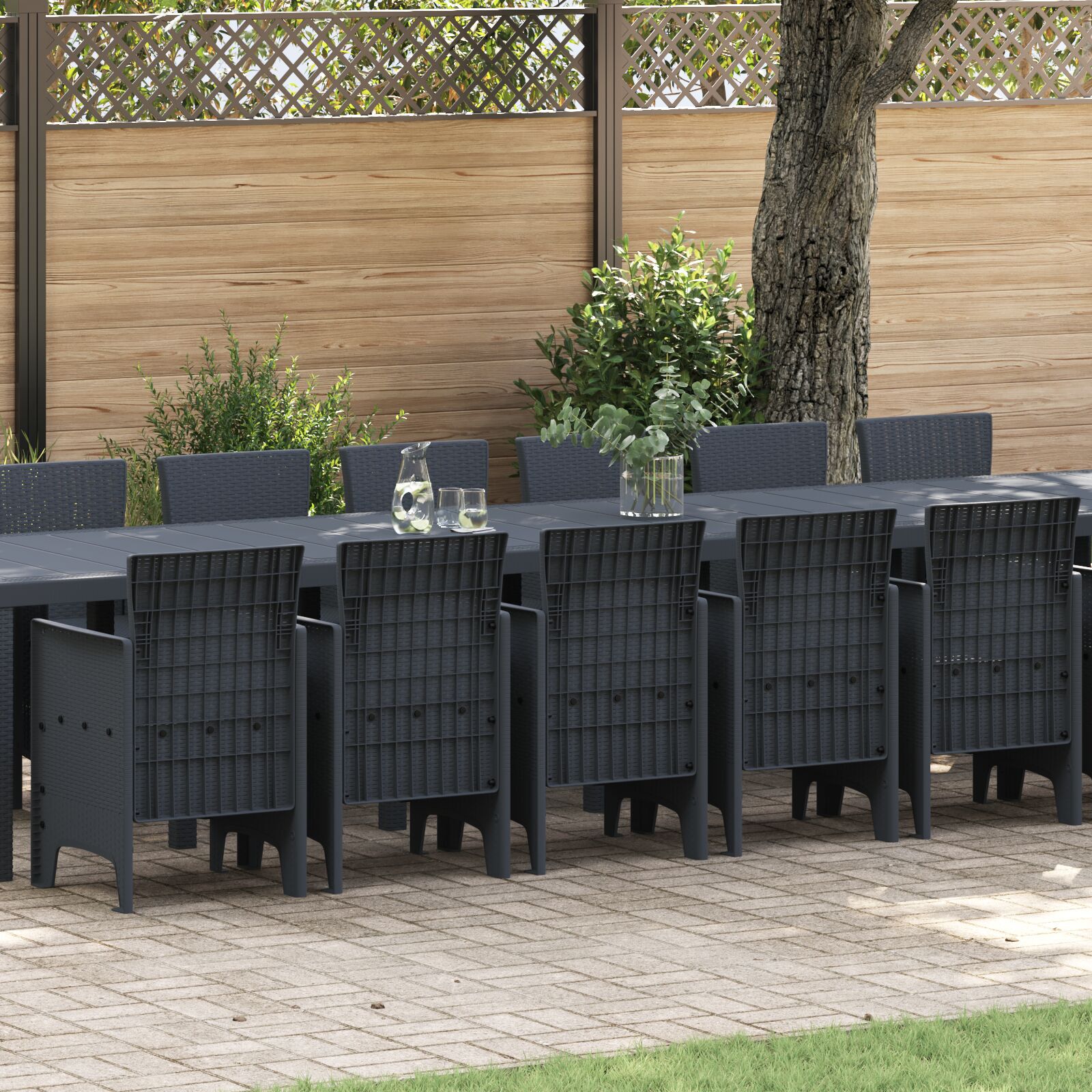 Conjunto de Jantar para Jardim HKH 17 Peças com Almofadas Polirrato, Mesa de Jardim HKH 250x100x73 Cm Polirrato, Mesa de Jardim HKH 150x100x73 Cm Polirrato, Cadeiras de Jardim com Almofadas 4 Pcs Polirrato - Castanho