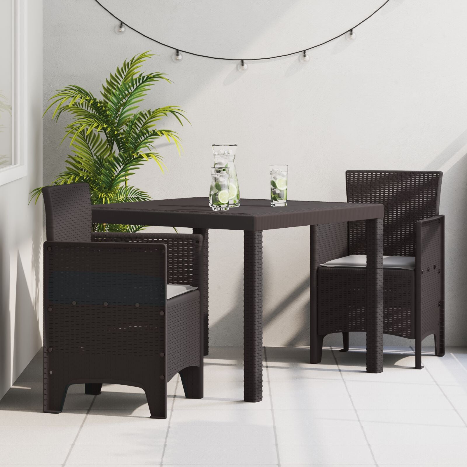 HKH Conjunto de Jantar para Jardim de 3 Peças com Almofadas em Rattan Sintético - Castanho