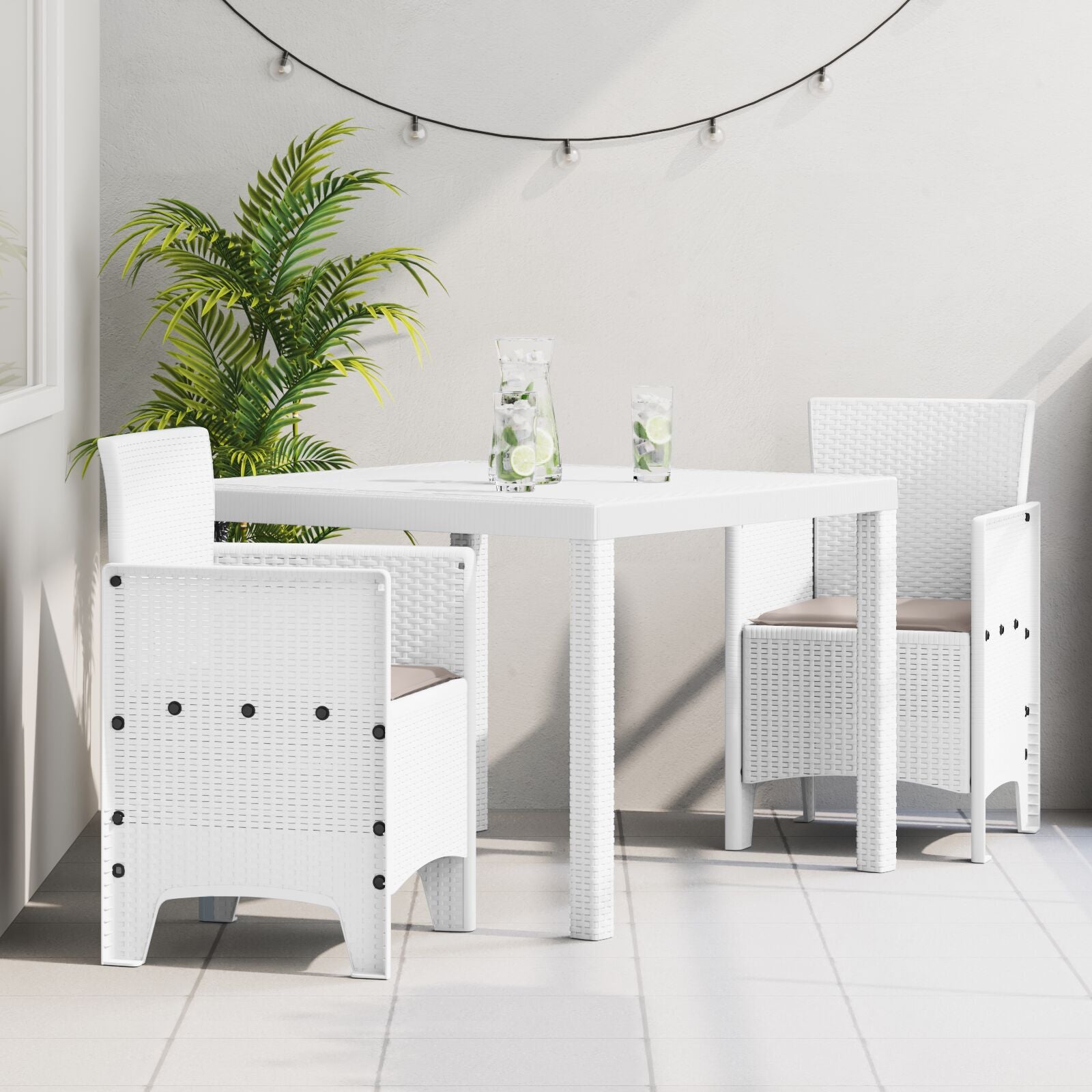 HKH Conjunto de Jantar de 3 Peças para Jardim com Almofadas Rattan Sintético - Branco