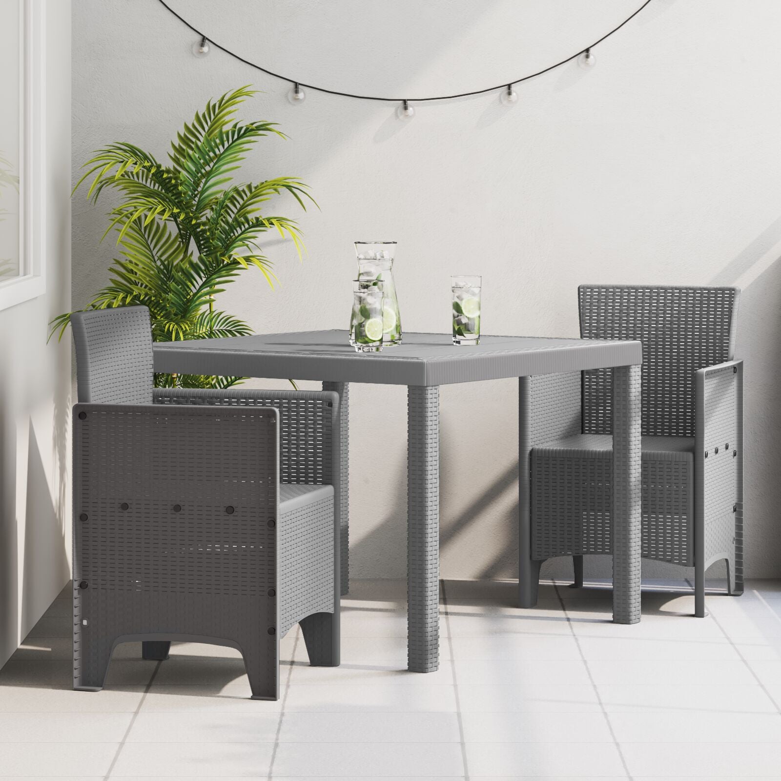 HKH Conjunto de Jantar 3 Peças Cinza Claro de Rattan - Cinzento