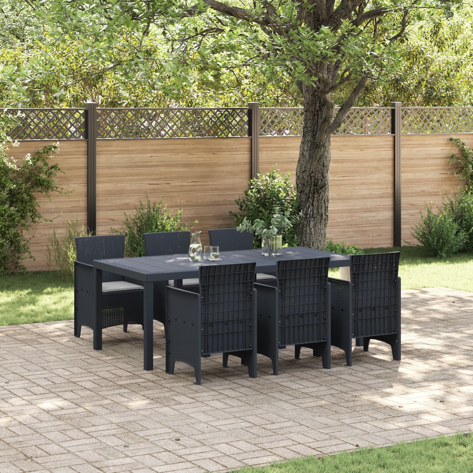 HKH Conjunto de Jantar para Jardim de 7 Peças com Almofadas Cinza Escuro Rattan - Carvão