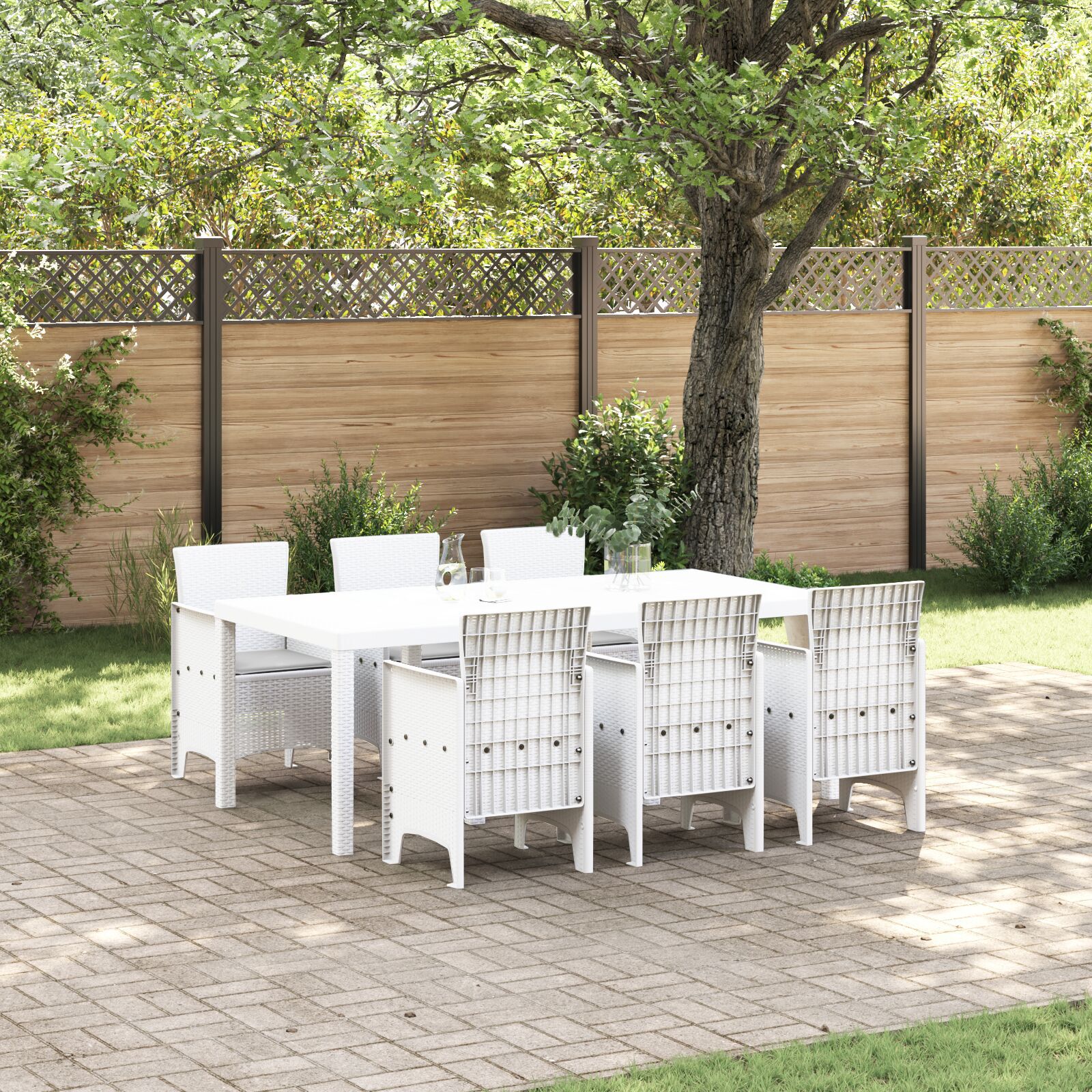 HKH Conjunto de Jantar de 7 Peças com Almofadas Poli Rattan - Branco