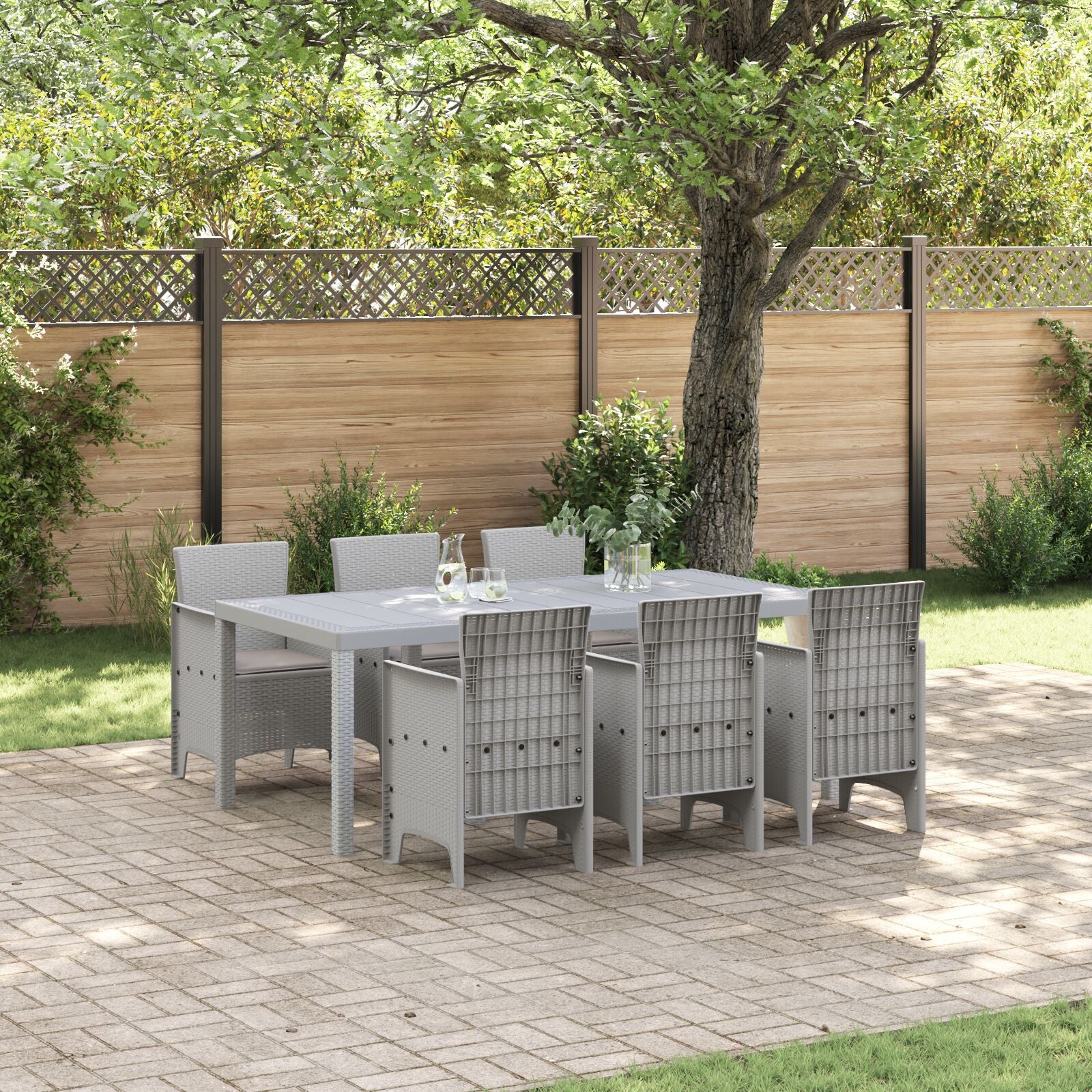 HKH Conjunto de Jantar de 7 Peças para Jardim com Almofadas Cinza Claro em Rattan Sintético - Cinzento