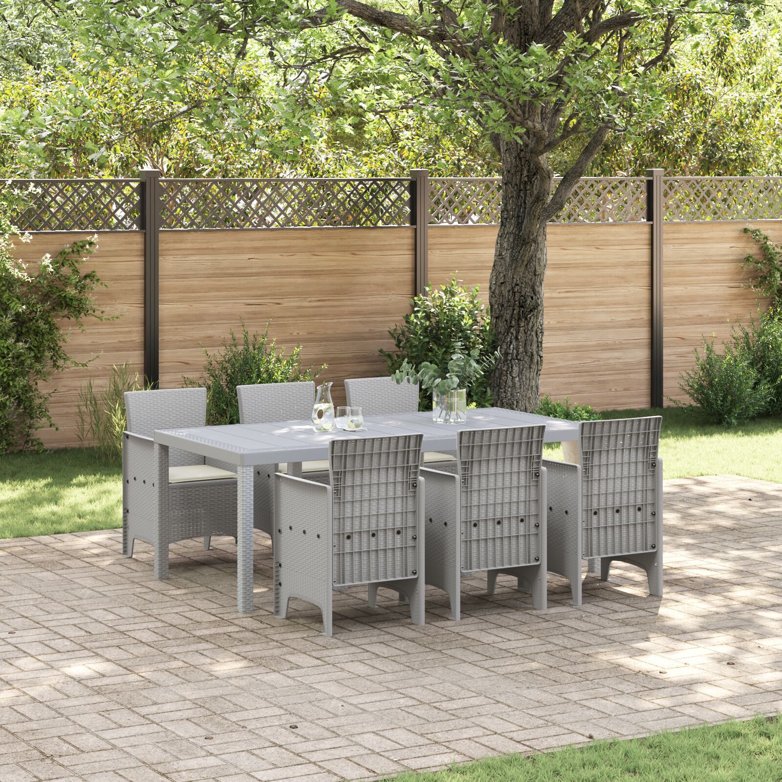 HKH Conjunto de Jantar de Jardim 7 Peças com Almofadas Cinza Claro Rattan Poliéster - Cinzento