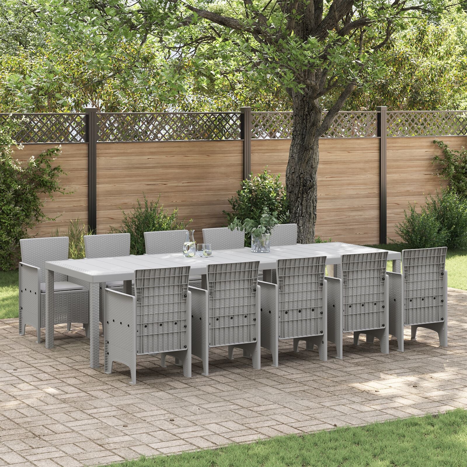 HKH Conjunto de Jantar de Jardim de 11 Peças com Almofadas em Vime Sintético com Mesa 150x100x73 Cm + 2 Cadeiras com Almofadas + 4 Cadeiras com Almofadas - Cinzento Claro