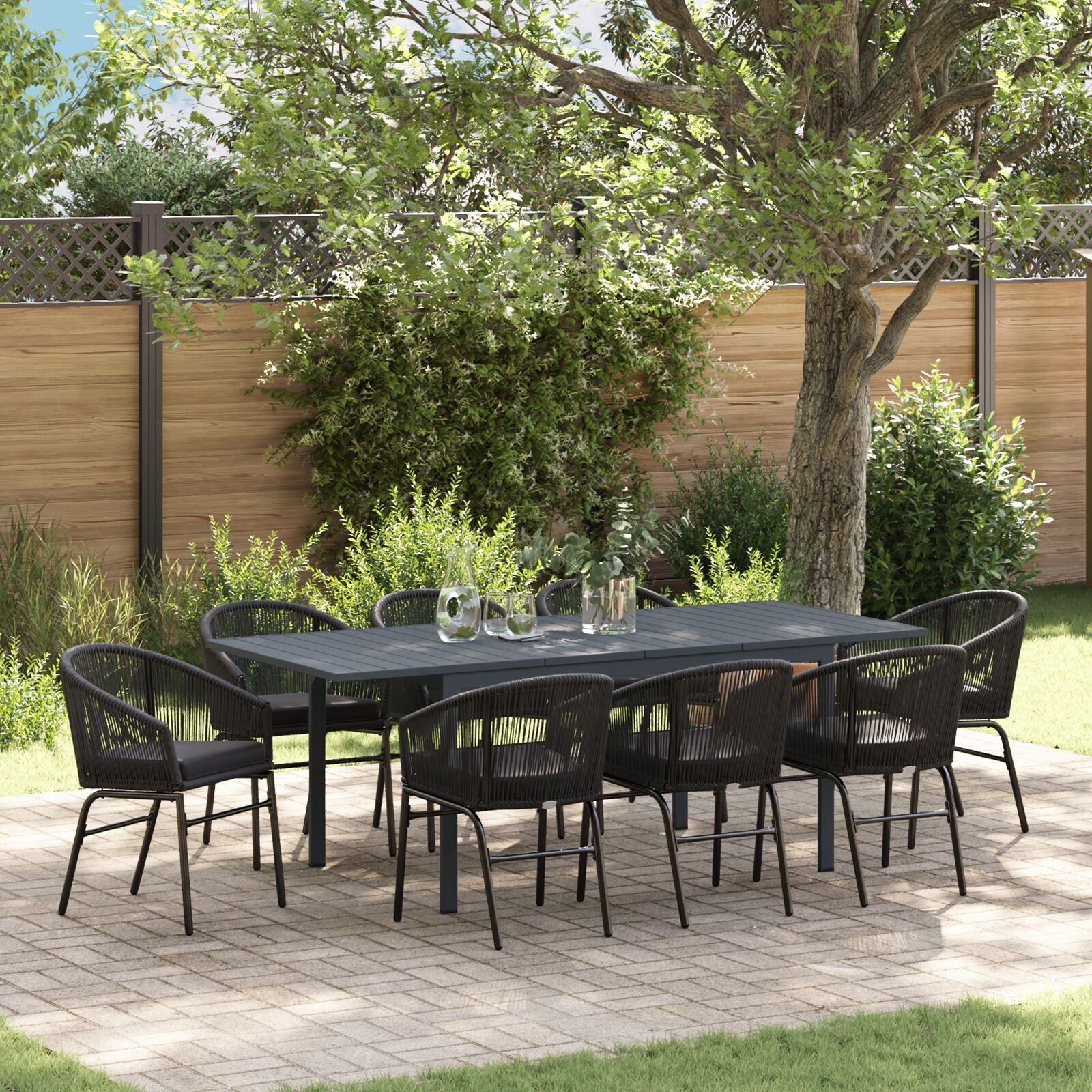 Conjunto de Jantar para Jardim HKH de 10 Peças com Almofadas Ráfia Sintética, Mesa de Jardim HKH Extendível Antacita (140-210)x90x73 Cm em Aço - Preto
