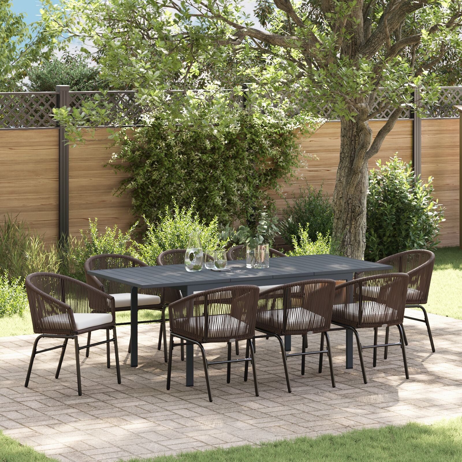 Conjunto de Jantar para Jardim HKH com Almofadas de 10 Peças Rattan de Polipropileno, Mesa de Jardim Extensível HKH Antracite (140-210)x90x73 Cm Aço - Castanho