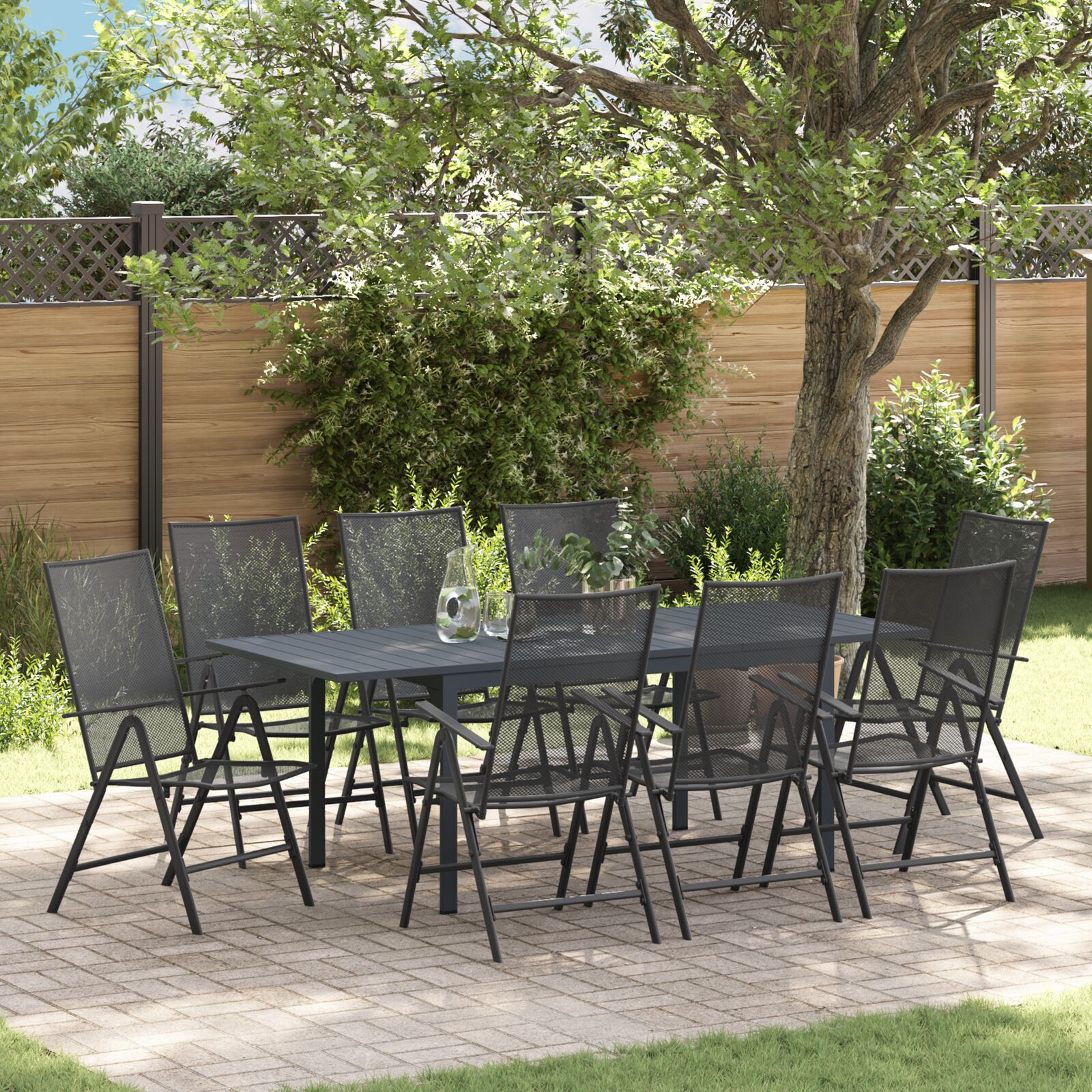 Conjunto de Móveis de Corredor HKH de 9 Peças em Aço Antracite, Mesa de Jardim Extensível HKH Antracite (140-210)x90x73 Cm em Aço - Preto