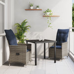 Conjunto de Jantar HKH 3 Peças com Almofadas de Vime Poliéster Cinza, Mesa de Jardim HKH Preta 80x80x73 Cm com Vidro Temperado - Preto