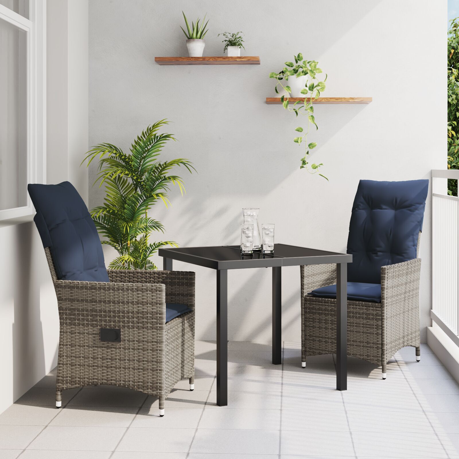 Conjunto de Jantar HKH 3 Peças com Almofadas de Vime Poliéster Cinza, Mesa de Jardim HKH Preta 80x80x73 Cm com Vidro Temperado - Preto