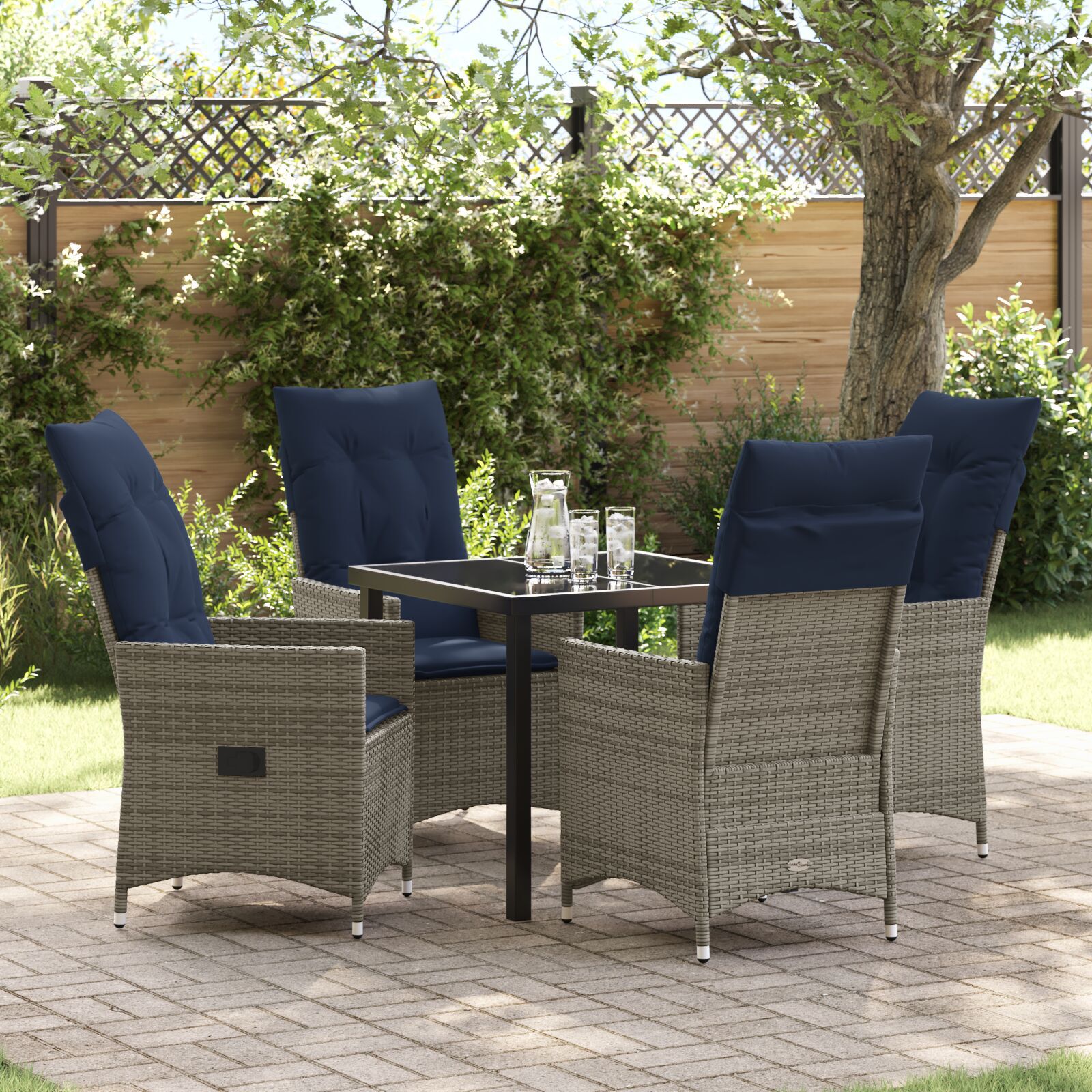 Conjunto de Jantar HKH de 5 Peças com Almofadas de Vime Cinza Polirattan, Mesa de Jardim HKH Preta 80x80x73 Cm com Vidro Temperado - Preto