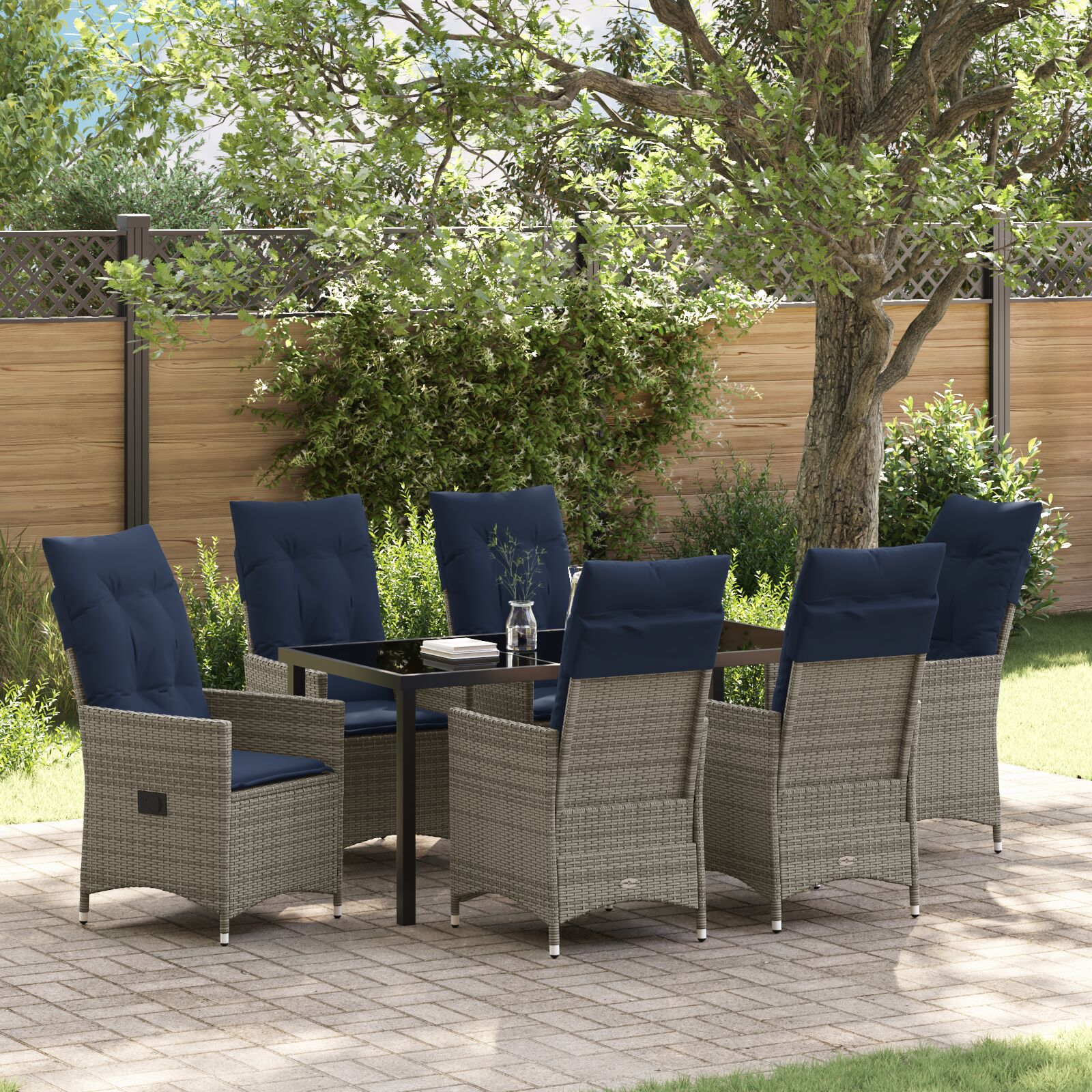 HKH Conjunto de Jantar de Jardim com 7 Peças e Almofadas em Rattan de Polietileno Cinza, HKH Mesa de Jardim Preta 160x80x73 Cm com Vidro Temperado - Bege