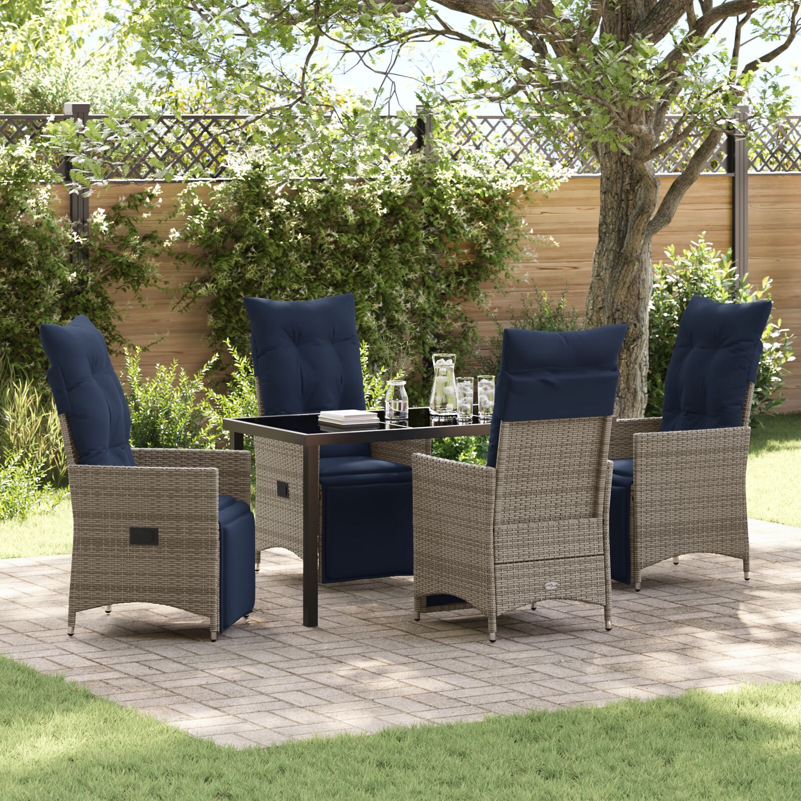 Conjunto de Jantar HKH de 5 Peças com Almofadas em Rattan Cinza Poliéster, Mesa de Jardim HKH Preta 140x80x73 Cm em Vidro Temperado - Azul