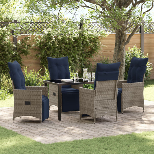 Conjunto de Jantar HKH de 5 Peças com Almofadas em Rattan Cinza Poliéster, Mesa de Jardim HKH Preta 140x80x73 Cm em Vidro Temperado - Azul