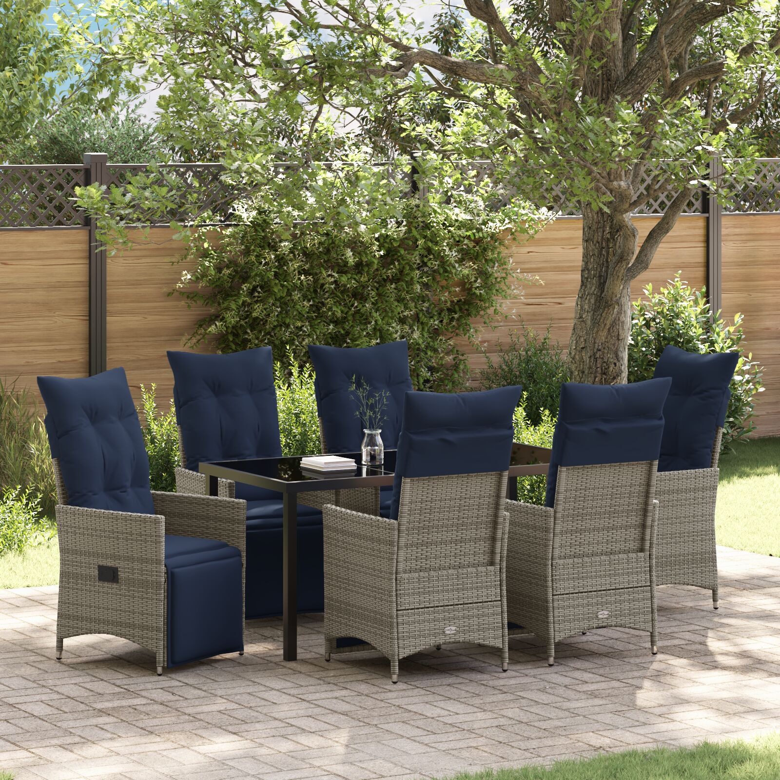 Conjunto de Jantar HKH de 7 Peças com Almofadas em Rattan Cinza, Mesa de Jardim HKH Preta 160x80x73 Cm com Vidro Temperado - Azul