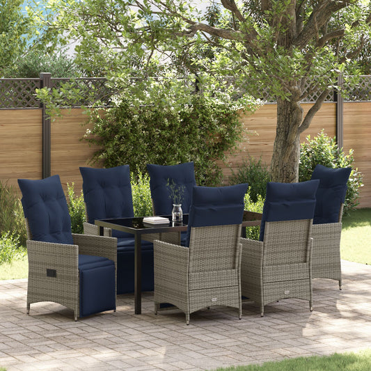 Conjunto de Jantar HKH de 7 Peças com Almofadas em Rattan Cinza, Mesa de Jardim HKH Preta 160x80x73 Cm com Vidro Temperado - Azul