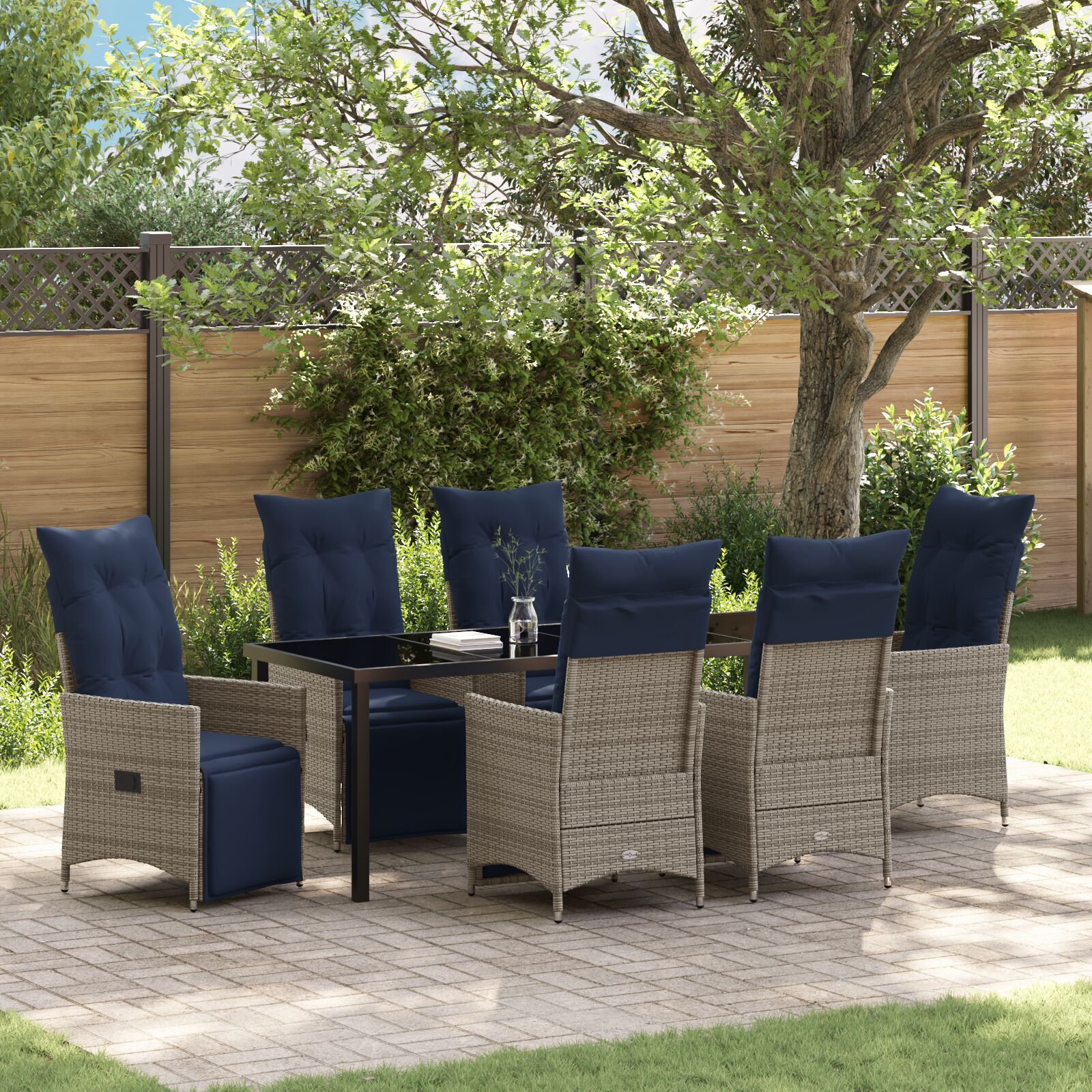 Conjunto Jantar Jardim 7 Peças Almofadas Rattan Poliéster Cinza Hkh, Mesa Jardim Preta 200x80x73 Cm com Vidro Temperado HKH - Bege