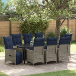 Conjunto de Jantar de Jardim HKH 9 Peças com Almofadas Rattan Poliéster Cinza, Mesa de Jardim HKH Preta 200x80x73 Cm Vidro Temperado - Azul-marinho