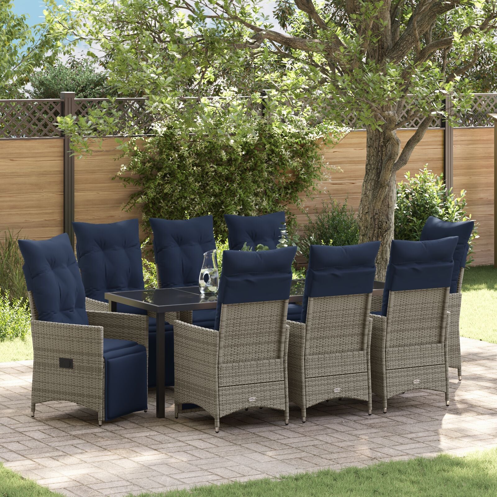 Conjunto de Jantar de Jardim HKH 9 Peças com Almofadas Rattan Poliéster Cinza, Mesa de Jardim HKH Preta 200x80x73 Cm Vidro Temperado - Azul-marinho